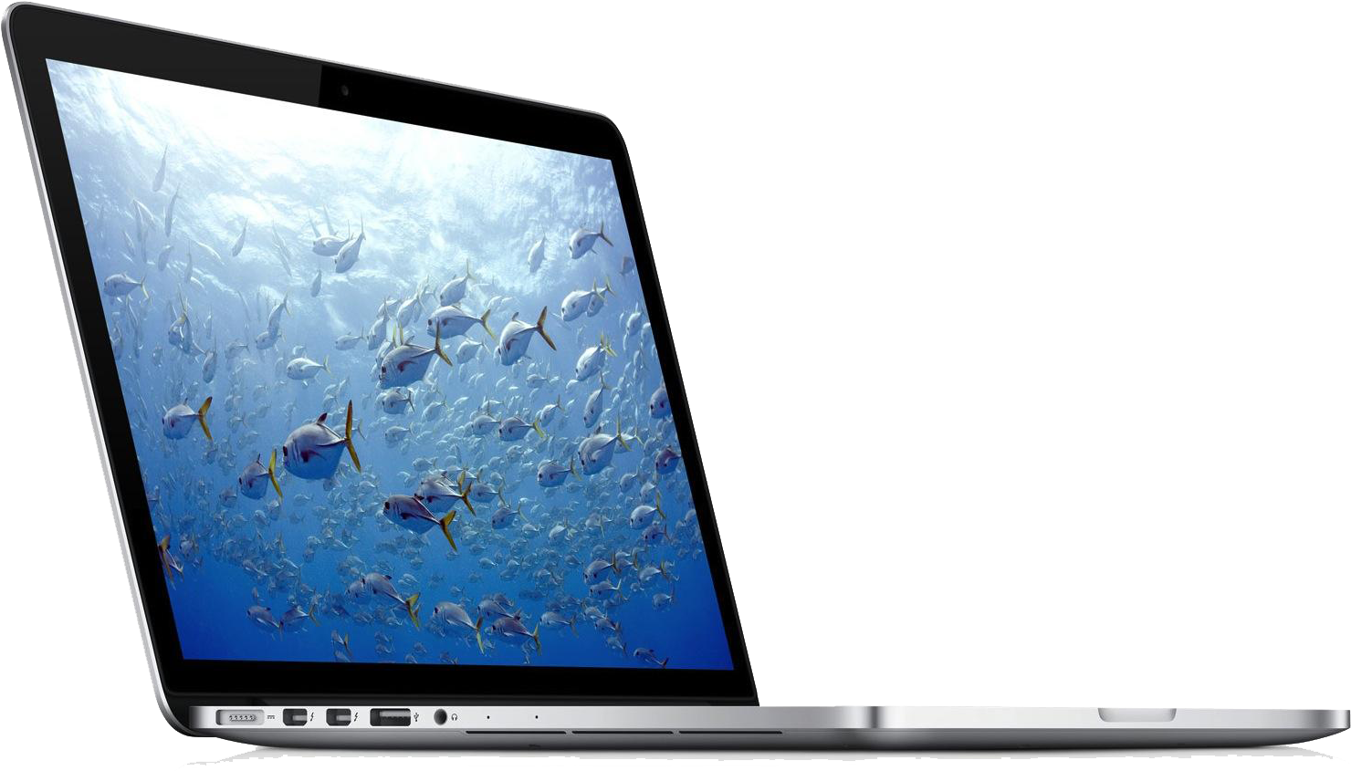 銀色筆記型電腦顯示一群魚在水下游動。 — Macbook Pro 壁紙