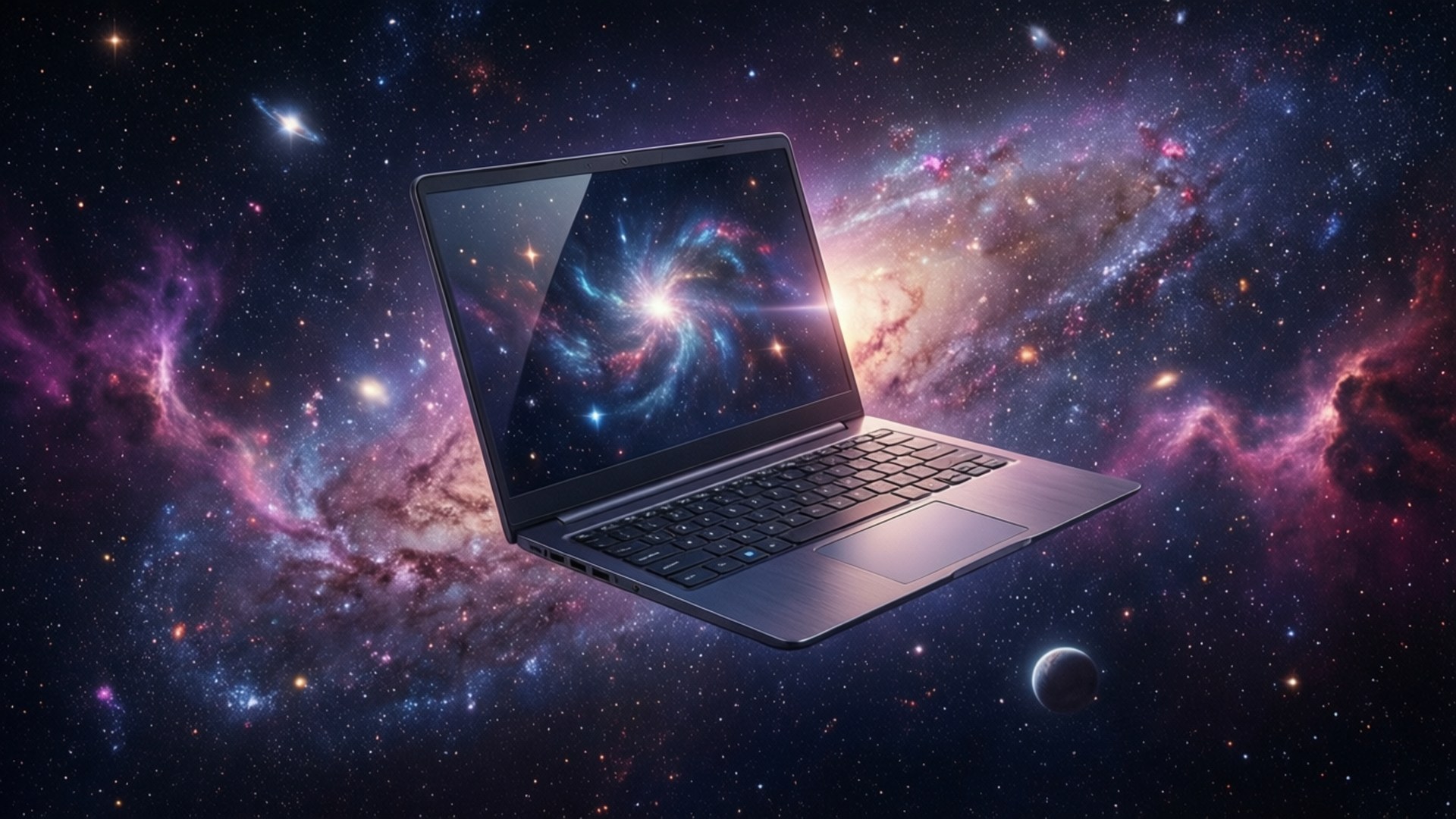 銀色筆記型電腦漂浮在彩色太空星雲中，螢幕上有星系 — Chromebook 壁紙