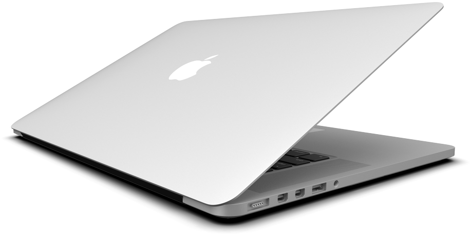 銀色 MacBook 筆記型電腦在黑色背景上打開，展示連接埠和鍵盤。 — Macbook Pro 壁紙