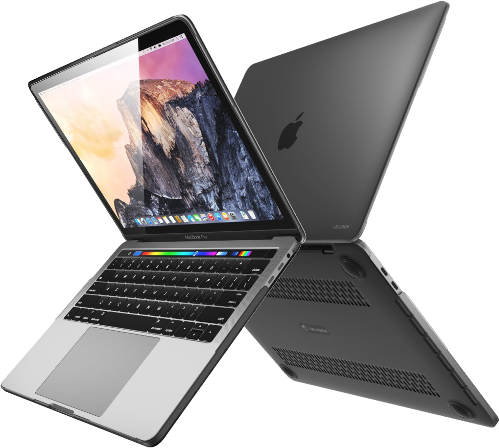 銀色 MacBook Pro 筆記型電腦，配有山脈壁紙和黑色保護殼。 — Macbook Pro 壁紙