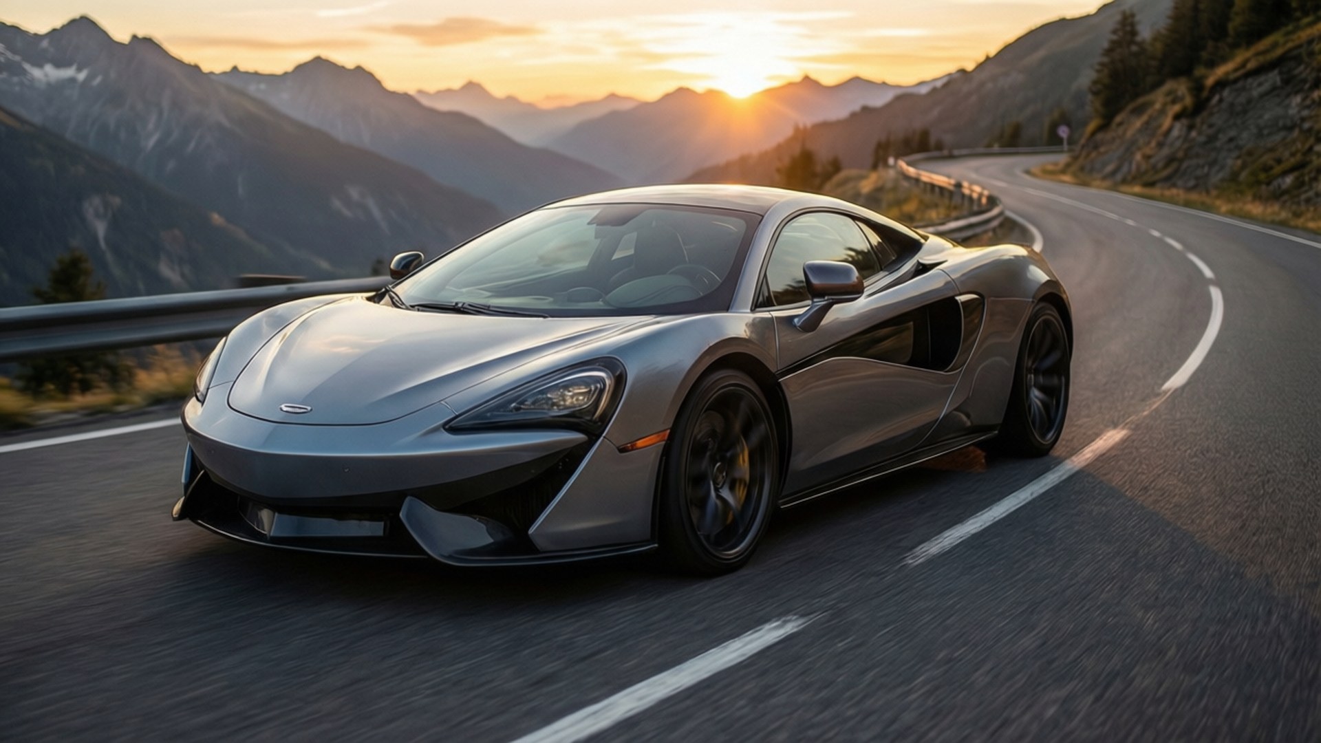 銀色McLaren跑車在日落時分行駛在山路上 — 1440P 壁紙