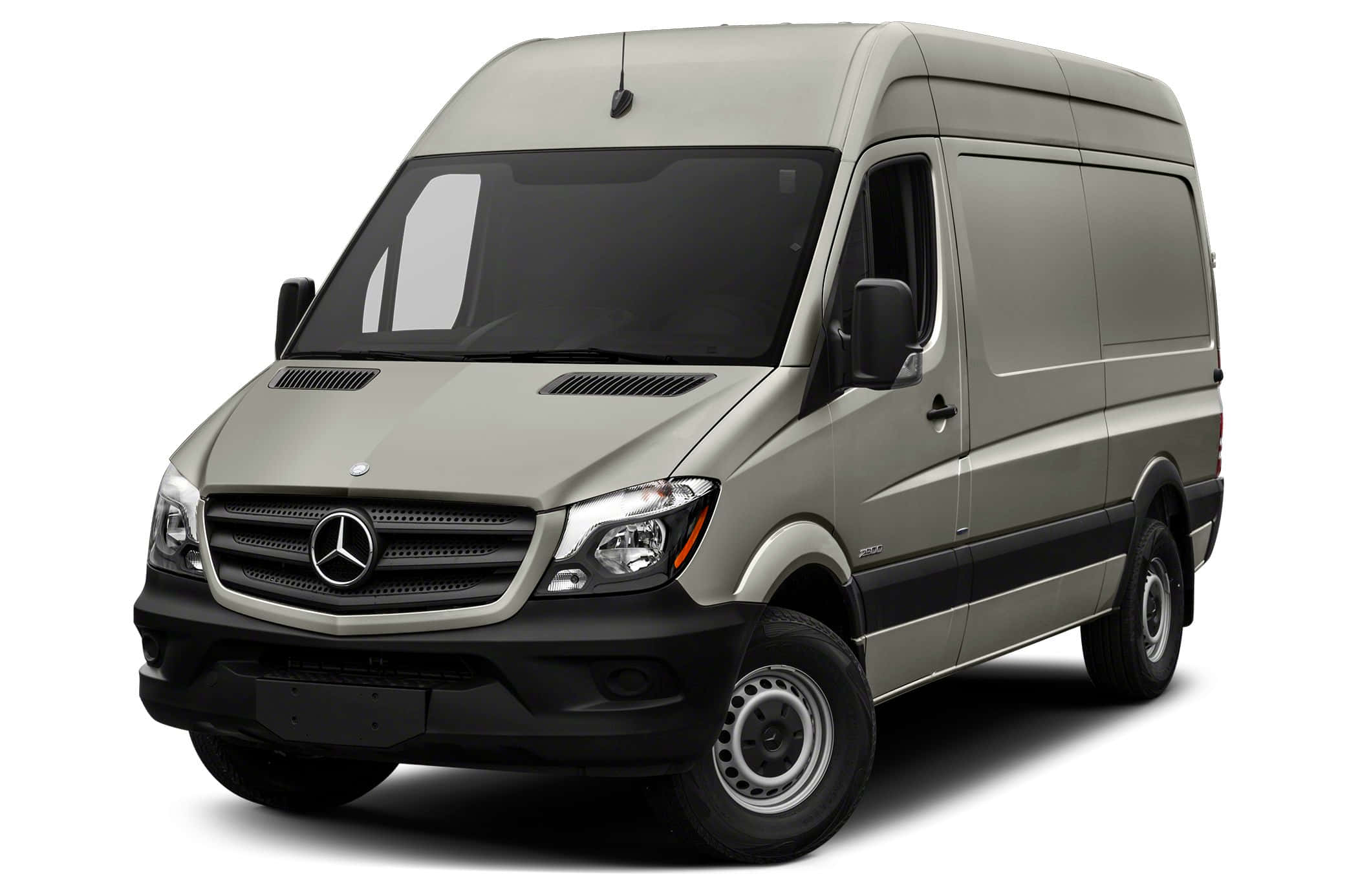 Mercedes Benz Sprinter 桌布 壁紙 — 一輛時尚的銀色 Mercedes-Benz Sprinter 客貨車在攝影棚燈光下以純白背景展示。