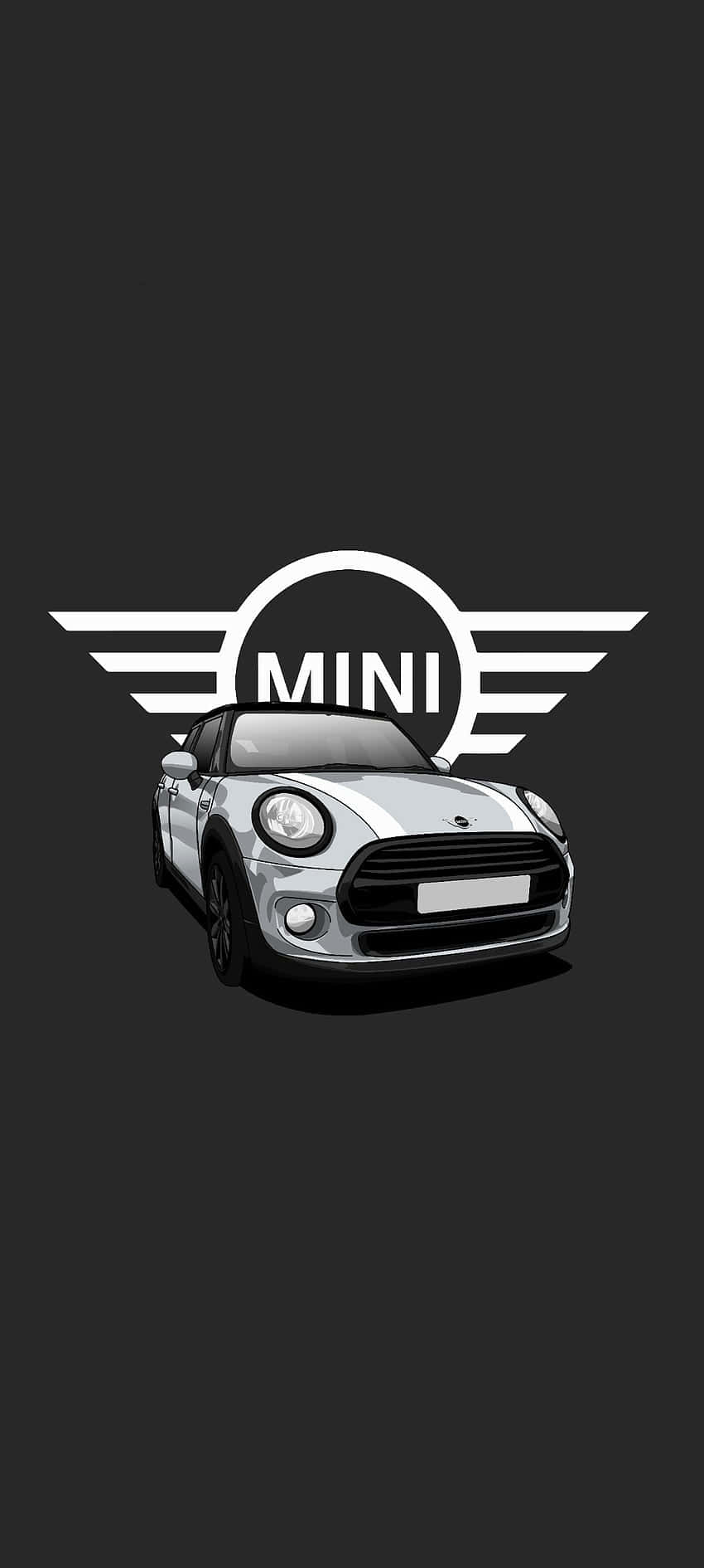  壁紙 — 一輛時尚的銀色MINI Cooper汽車，位於其標誌性翼形標誌下方，背景為純深灰色。