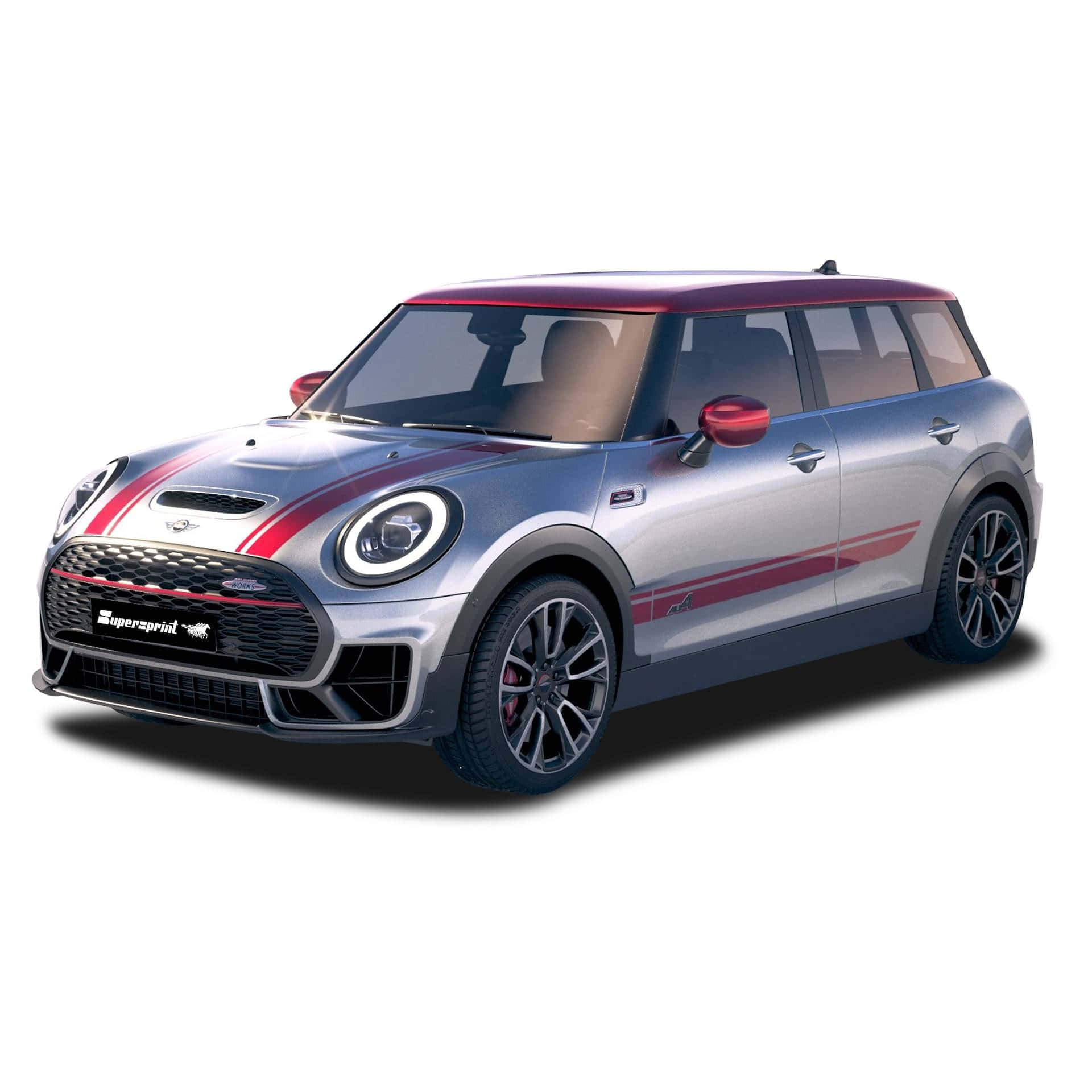 Mini Cooper S Clubman All4 桌布 壁紙 — 一輛時尚的銀色MINI Cooper，帶有紅色車頂和賽車條紋，孤立在純白色背景上。