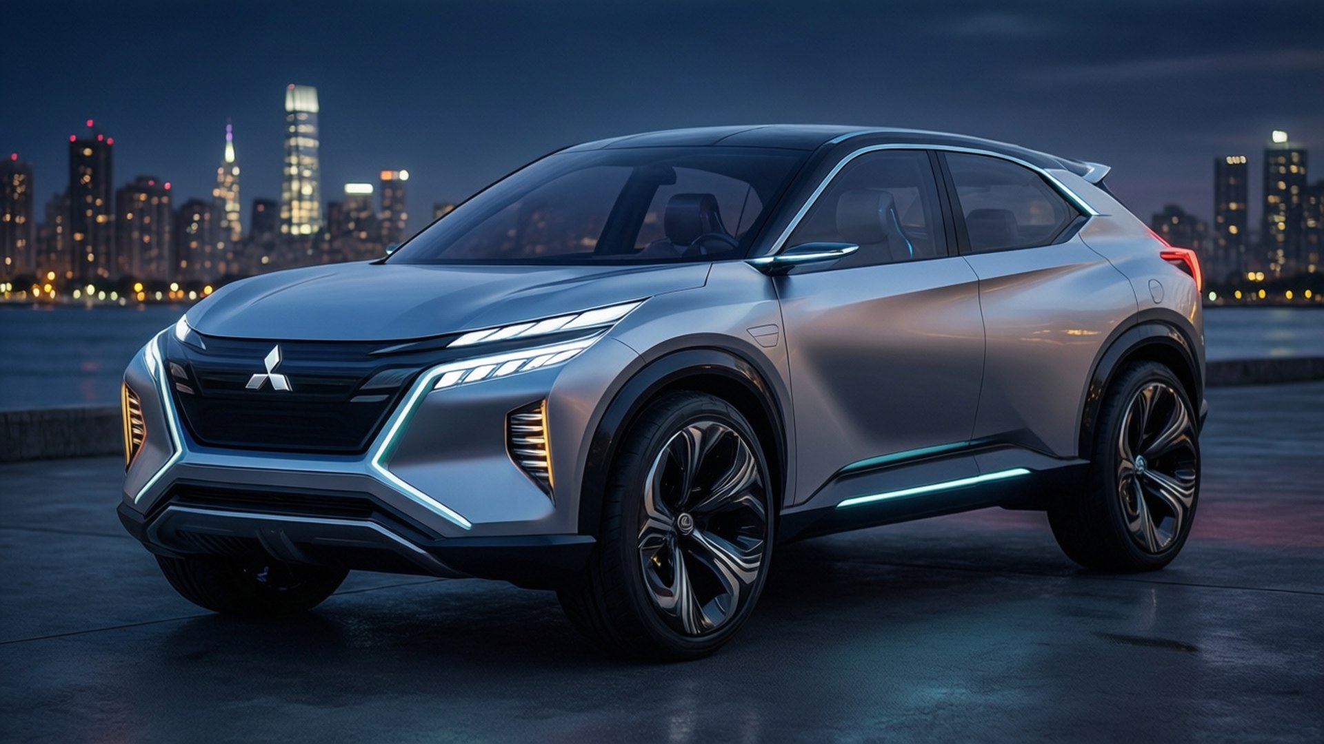 Future Mitsubishi EV 壁紙 — 一輛時尚的銀色三菱概念SUV，帶有發光的藍色點綴，在黃昏時分停車，背景是燈火通明的城市天際線。