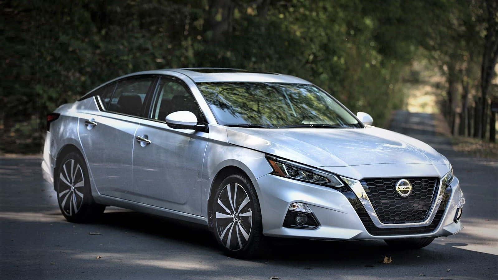 Nissan Altima 桌布 壁紙 — 一輛時尚的銀色日產轎車停放在林蔭大道上，斑駁的陽光穿過樹葉灑落。