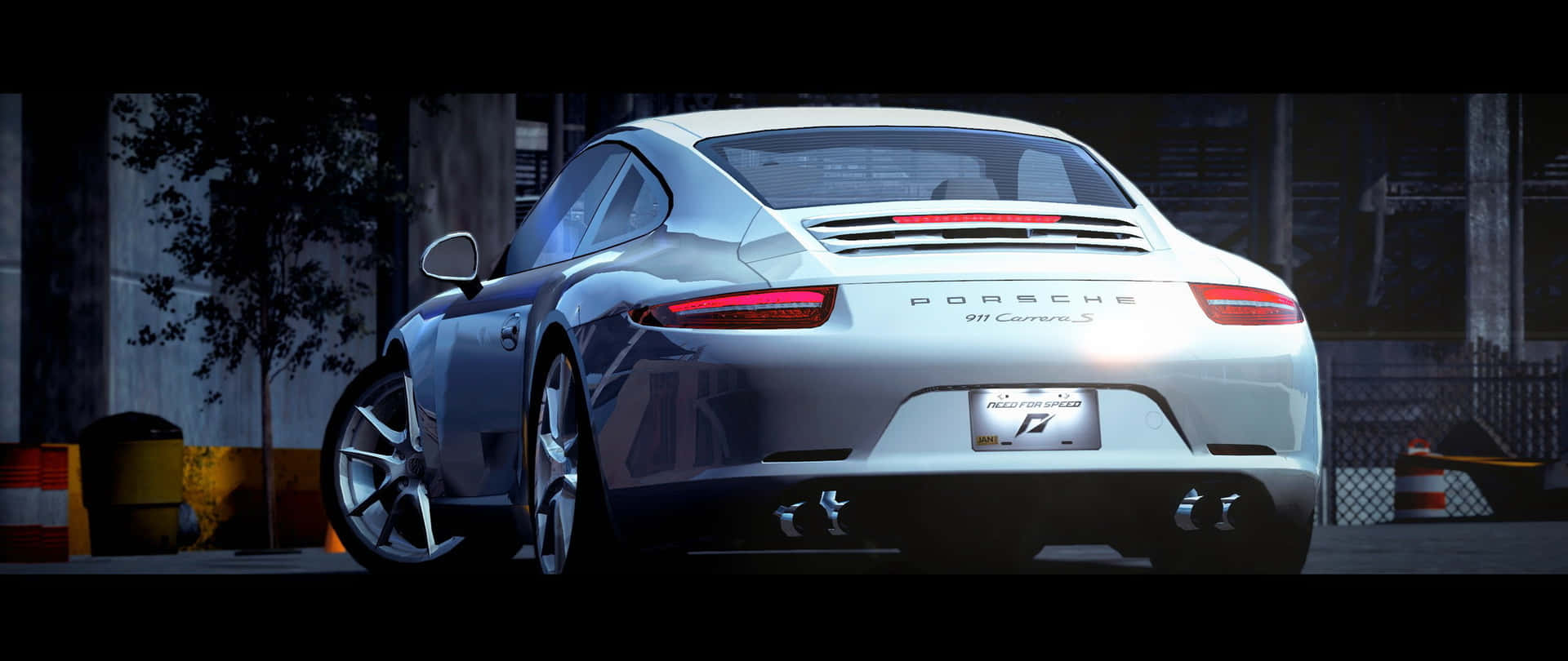  壁紙 — 一輛時尚的銀色保時捷911 Carrera S在昏暗的城市燈光下閃耀，帶有反光表面和發光的尾燈。