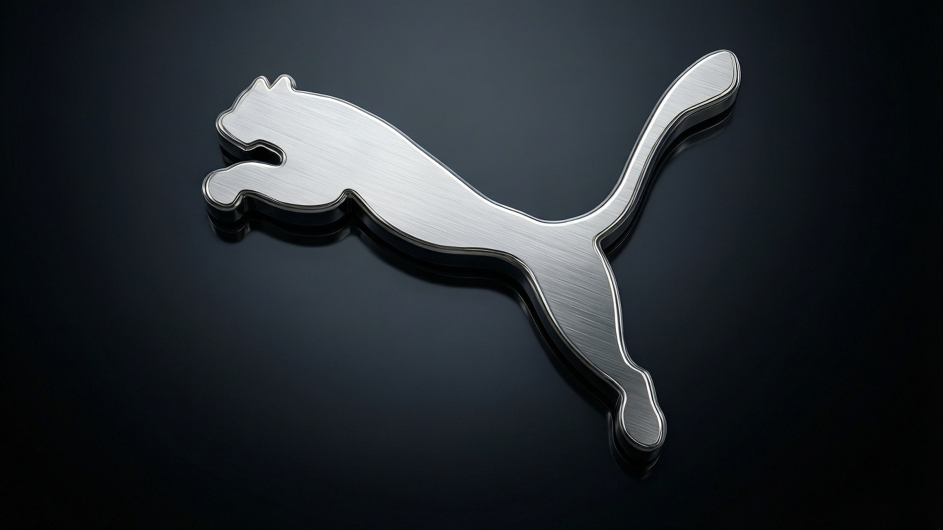 Sleek Puma Logo 壁紙 — 一個光滑的銀色Puma標誌，一隻跳躍的貓在深色反光表面上閃耀。