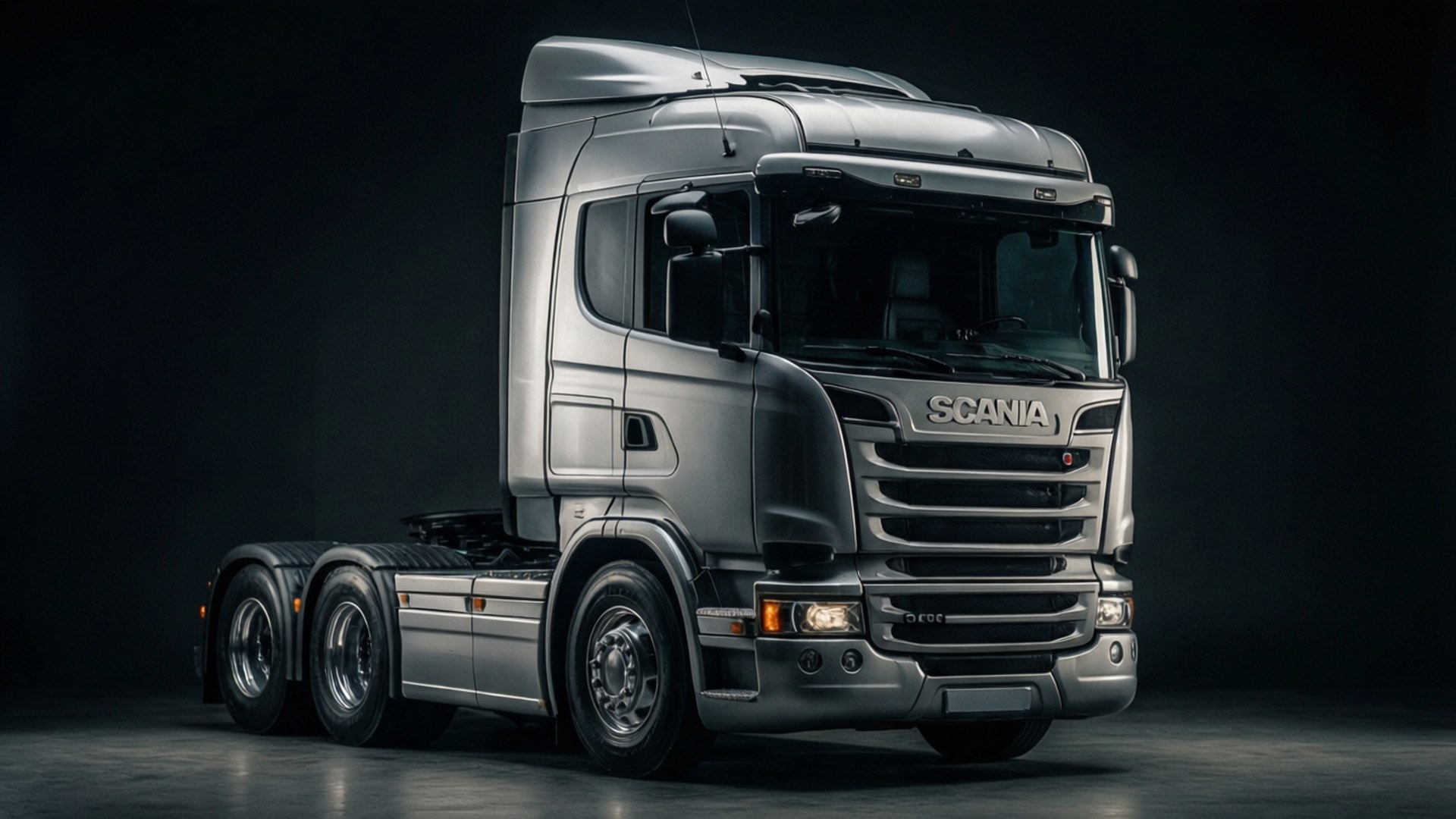 Scania 桌布 壁紙 — 一輛時尚的銀色Scania卡車駕駛室，在黑暗背景下由攝影棚燈光照明。