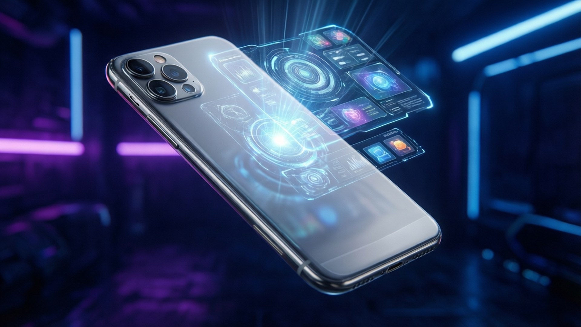Holographic Smartphone Future 壁紙 — 一部時尚的銀色智慧型手機懸浮著，發光的全息介面在其背面漂浮，處於霓虹燈照亮的未來感房間中。