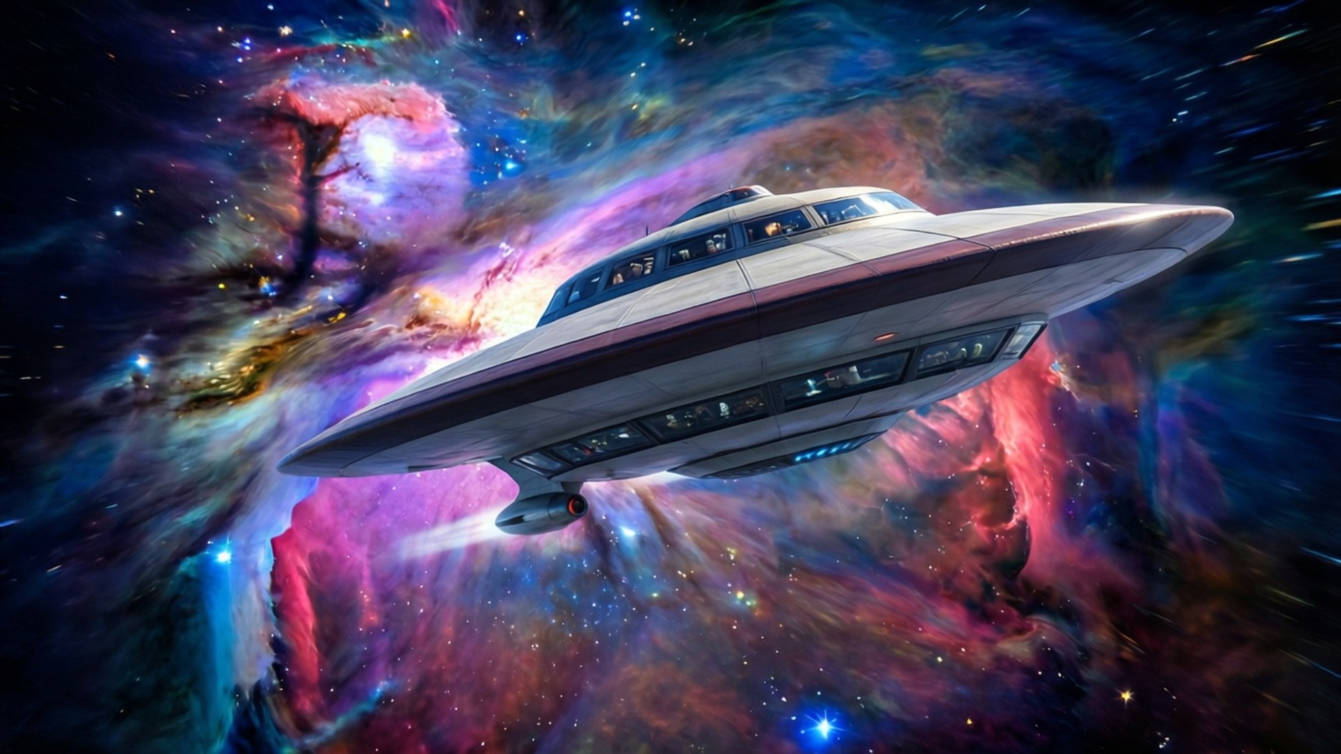 Planet Express Ship in Nebula 壁紙 — 一艘時尚的銀色太空船在充滿粉紅色、紫色和藍色星光的充滿活力的宇宙星雲中滑行。