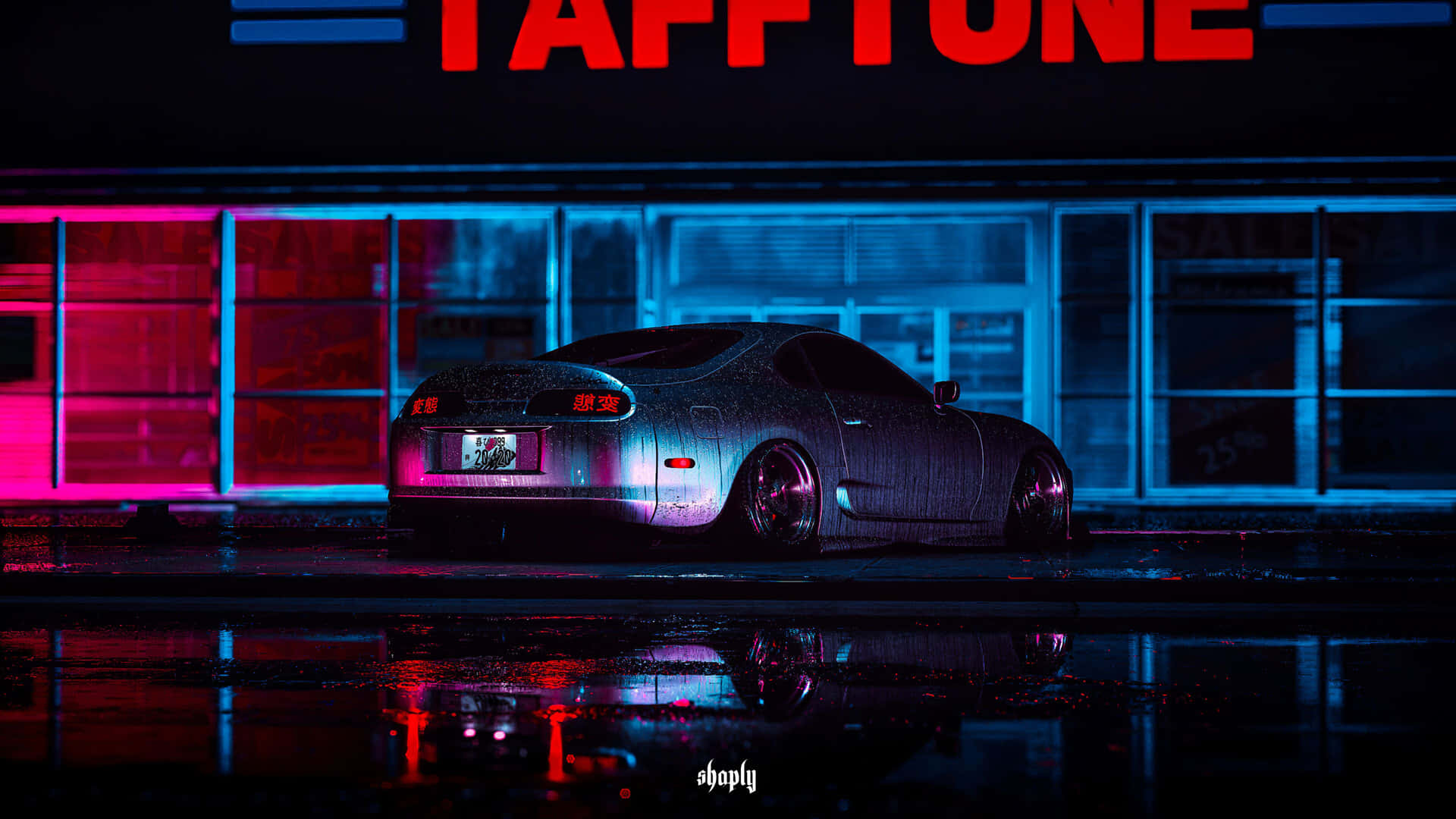 銀色跑車停泊在潮濕的城市街道上的霓虹燈下。 — Toyota Supra 壁紙