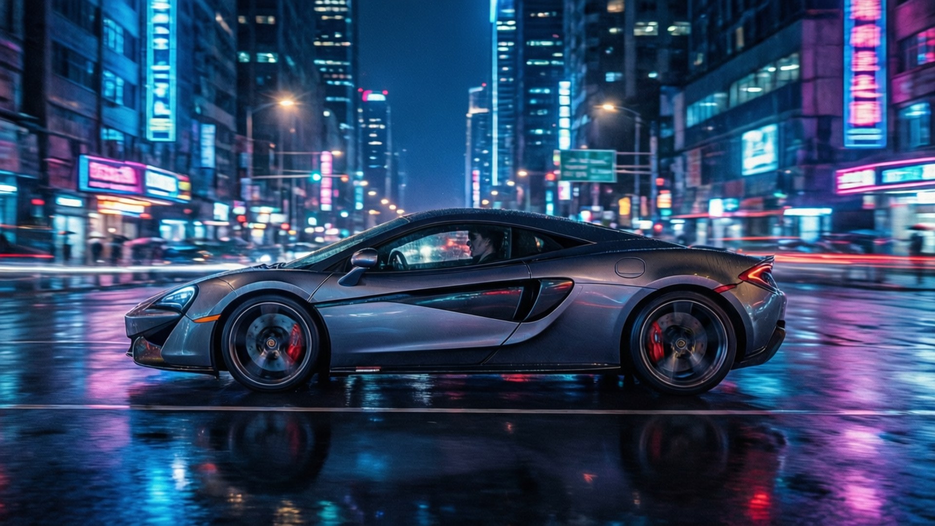 Mclaren 570s 桌布 壁紙 — 一輛時尚的銀色跑車在夜晚穿過霓虹燈閃爍的雨街，在潮濕的路面上反射出鮮豔的光芒。