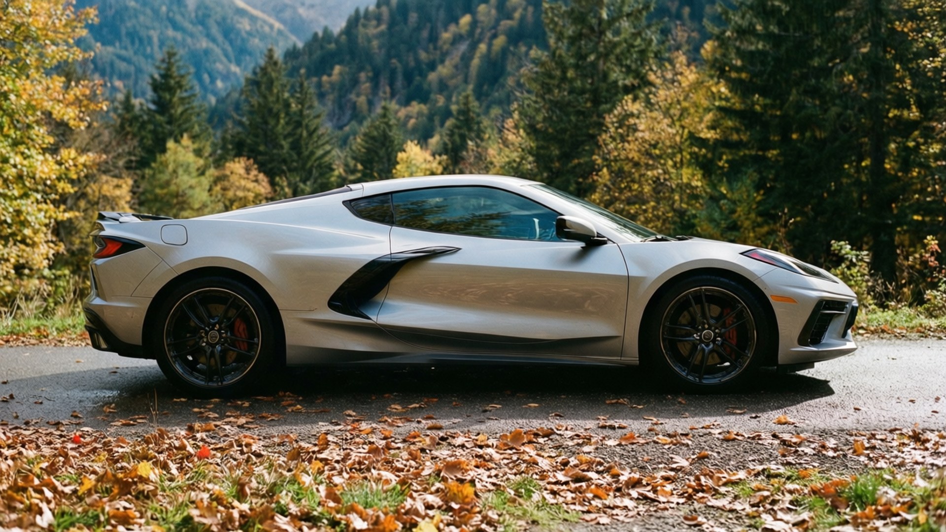Autumn Corvette Run 壁紙 — 一輛時尚的銀色跑車停泊在落葉滿佈的道路上，背景是森林覆蓋的山脈。