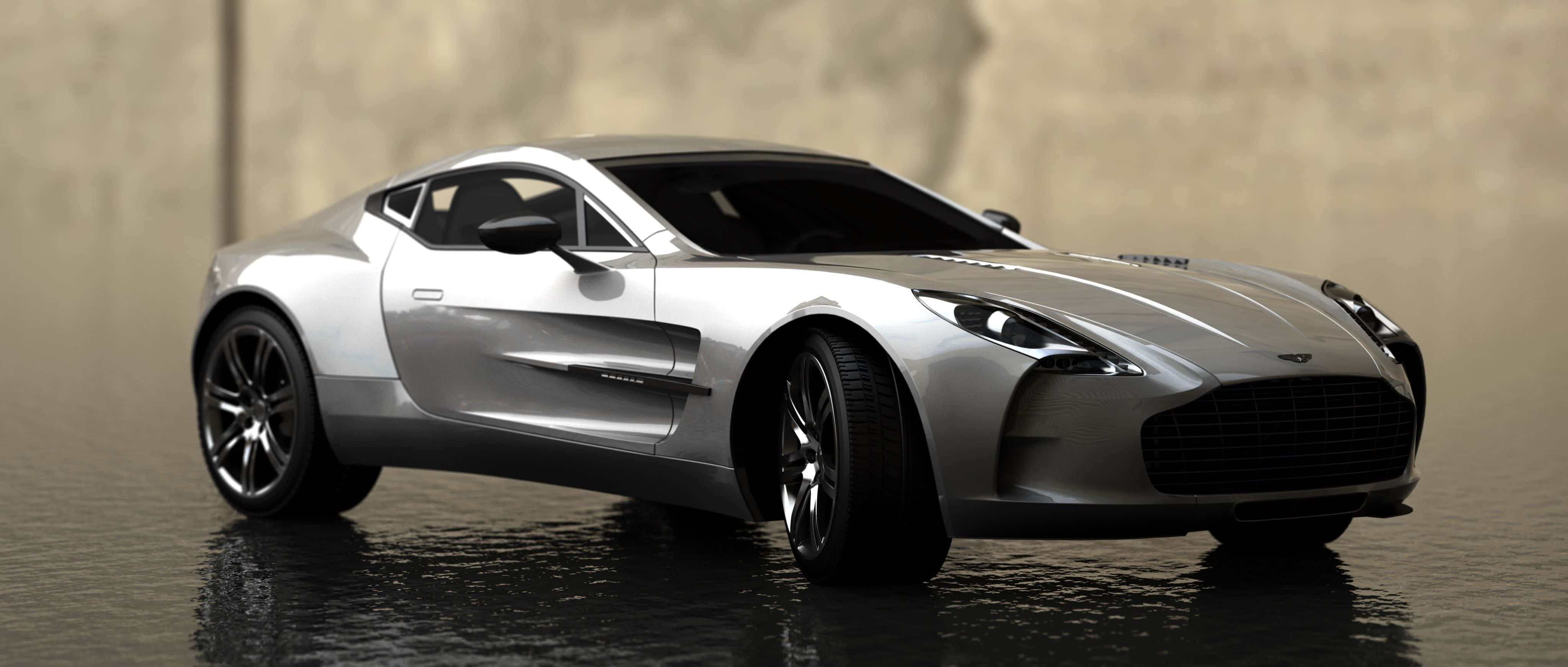 Aston Martin One-77 桌布 壁紙 — 一輛時尚的銀色跑車配黑色輪圈，停在潮濕的路面上，在柔和環境光下反射出光亮的車身。