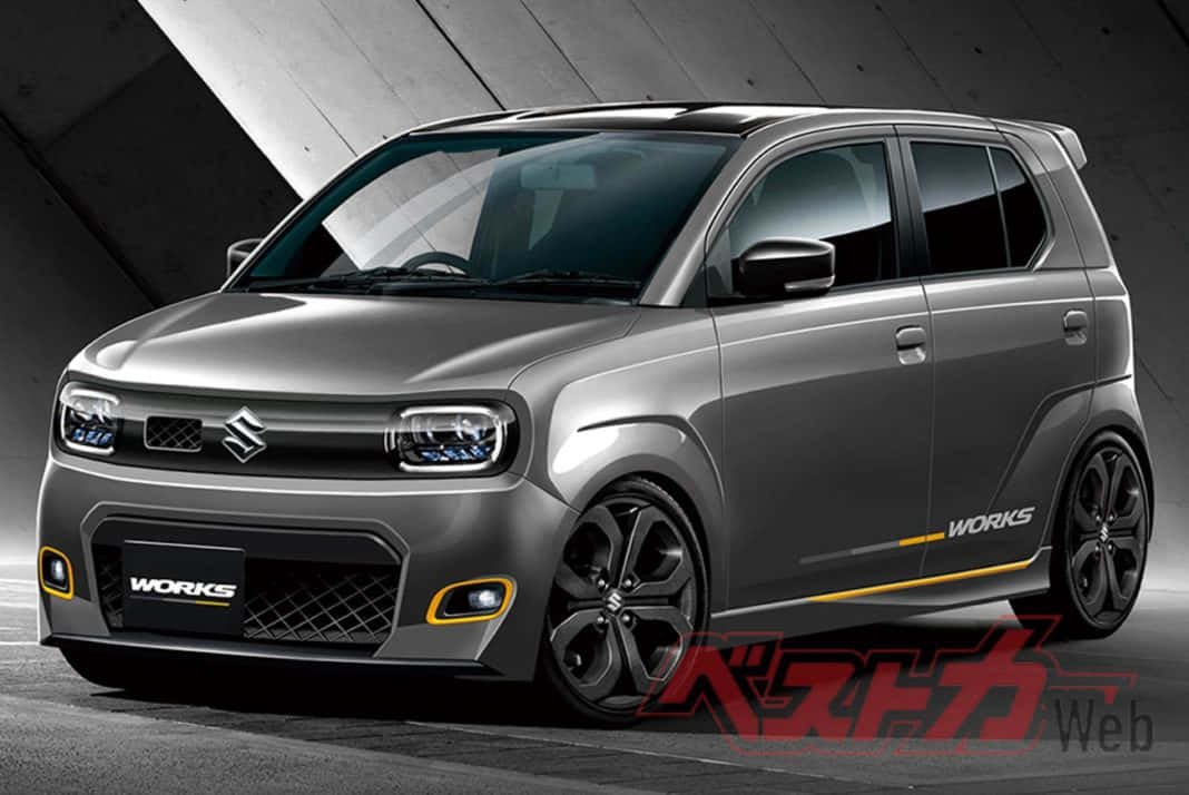 Suzuki Alto 桌布 壁紙 — 一輛時尚的銀色鈴木 Swift Works 緊湊型汽車，配備黑色輪圈和黃色點綴，在現代混凝土工作室中展示。
