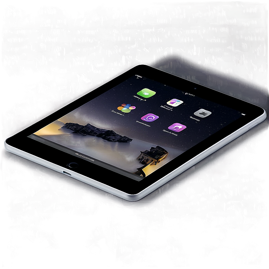 深色紋理表面上的銀色平板電腦，帶有發光應用程式圖標。 — iPad 壁紙