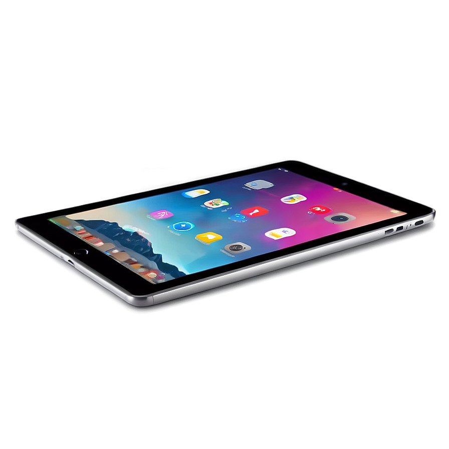銀色平板電腦，螢幕上顯示彩色應用程式，背景為紫色漸變 — iPad 壁紙