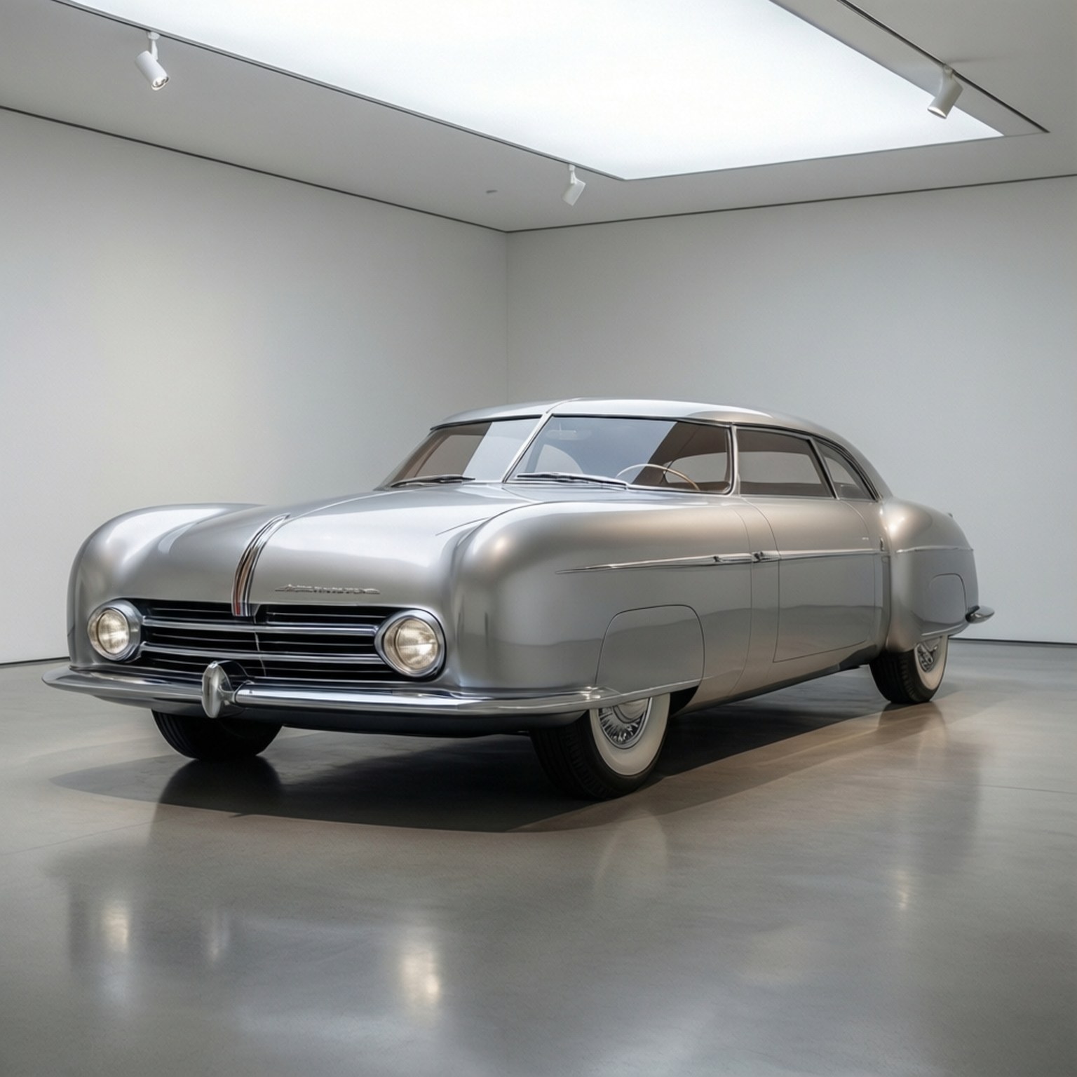 Airflow Museum Piece 壁紙 — 一輛時尚的銀色復古車，帶有鍍鉻裝飾和白色輪胎，在明亮的燈光下展示在簡約的白色畫廊空間中。