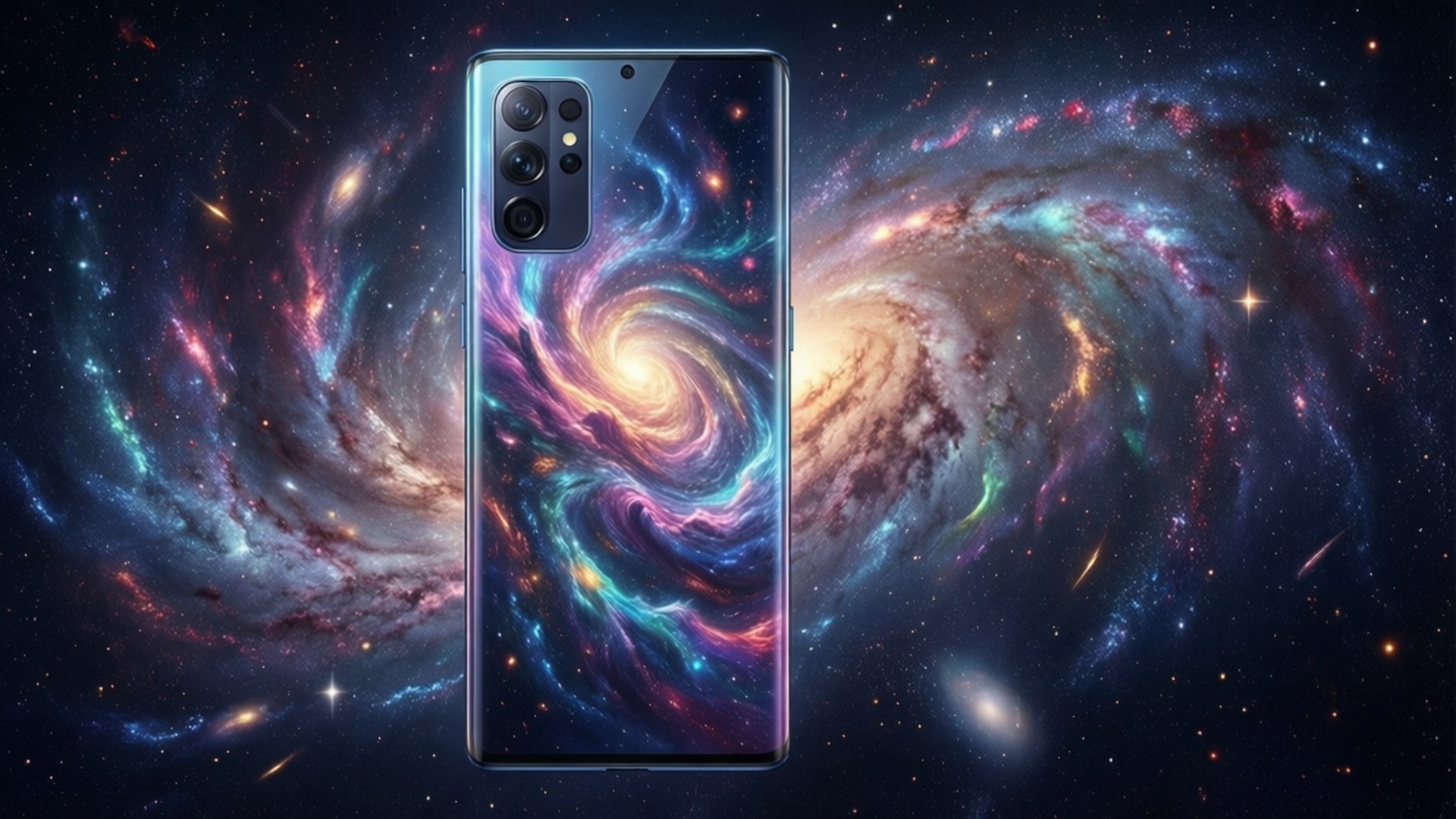 Galaxy Note 10 壁紙 — 一部時尚的智慧型手機，背面帶有宇宙星系設計，站在由星星和宇宙塵埃組成的旋轉星雲背景前。
