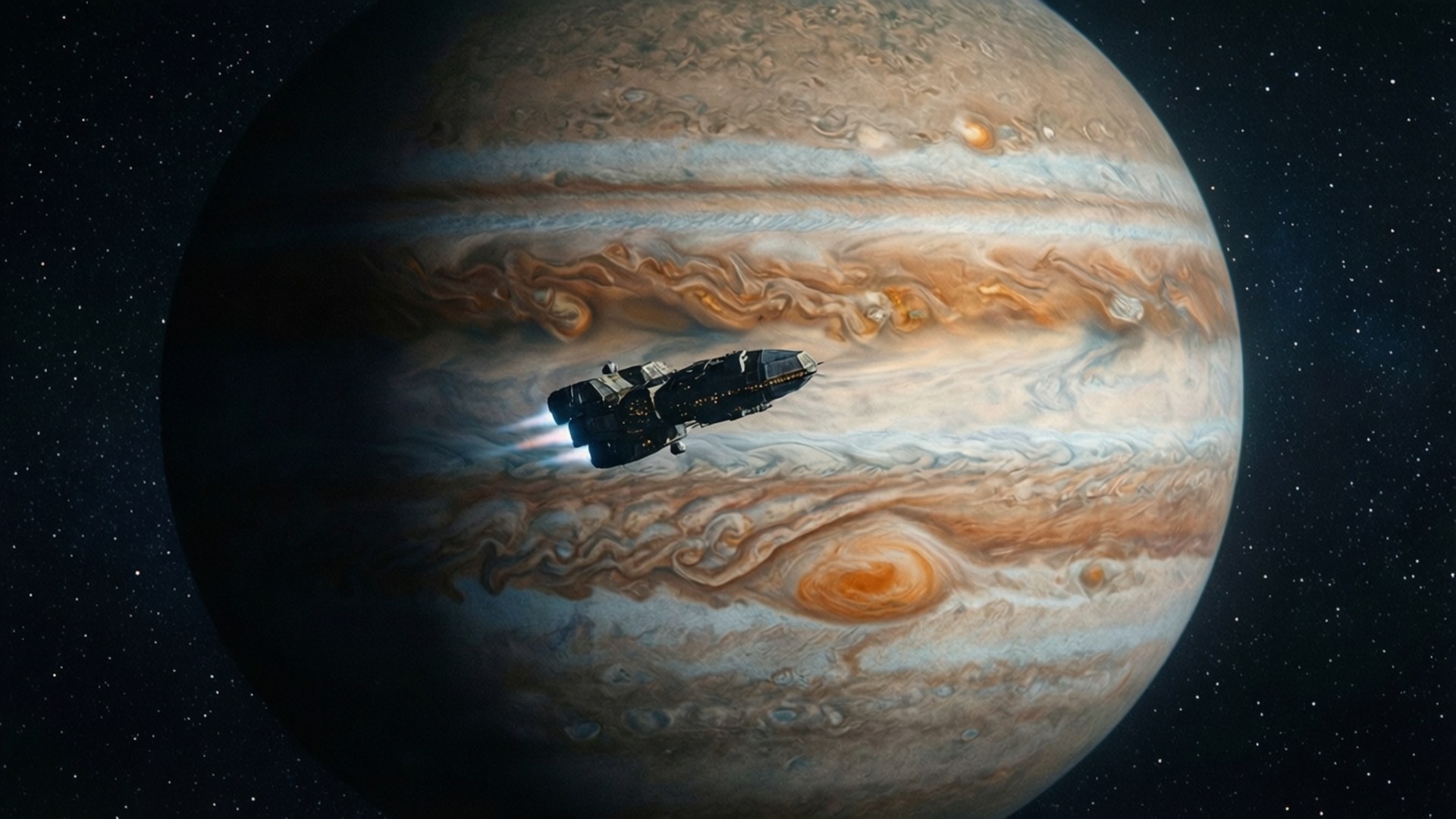 Jupiter Orbiting Spaceship 壁紙 — 一艘時尚的太空船帶著發光的引擎飛過木星的漩渦帶和大紅斑，背景是星空虛空。