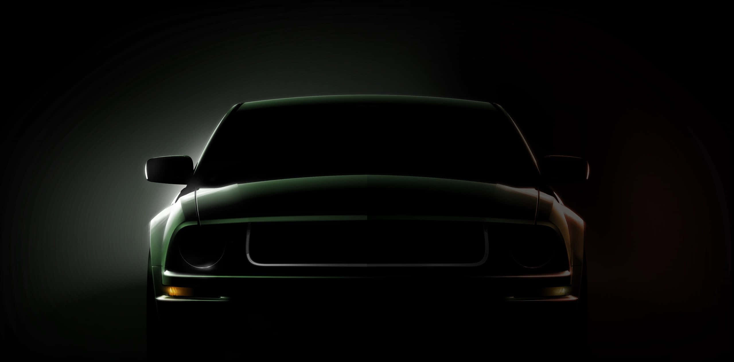 Ford Mustang Bullitt 桌布 壁紙 — 一輛時尚跑車的輪廓在深色漸變背景上散發著微妙的綠色亮點。
