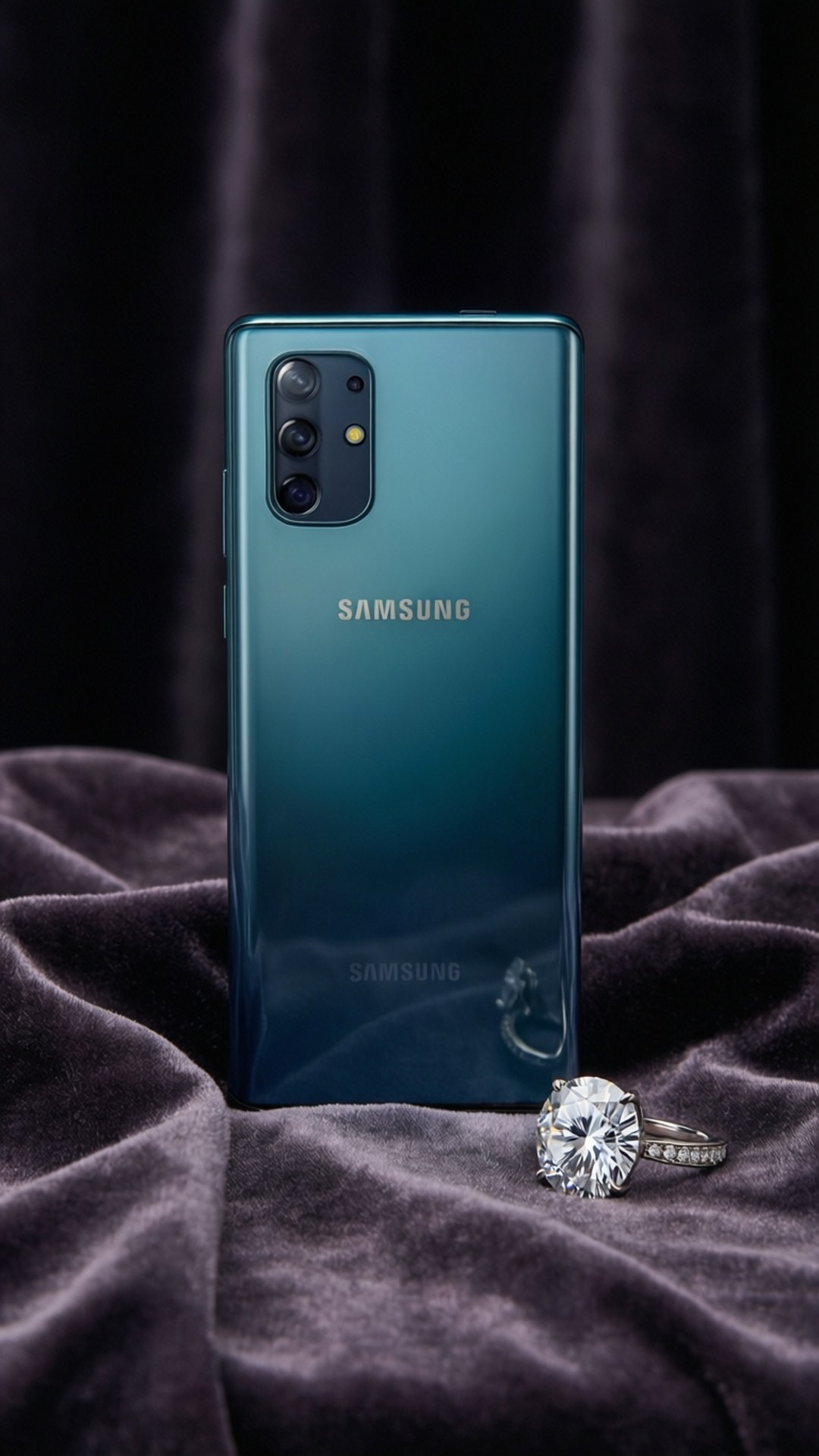 S10+ 桌布 壁紙 — 一部時尚的青色Samsung智慧型手機直立於柔軟深色天鵝絨上，旁邊是一枚閃閃發光的鑽石戒指。