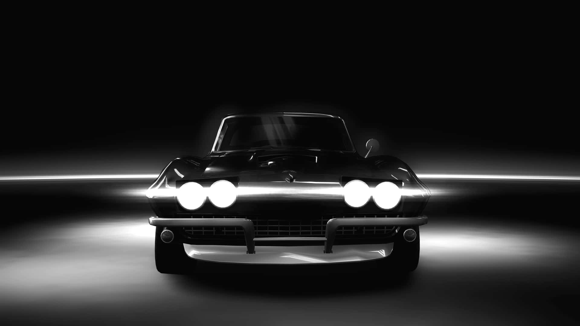  壁紙 — 一輛時尚的復古跑車，配備發光的車頭燈，在由水平光線照亮的黑暗工作室場景中佔據主導地位。