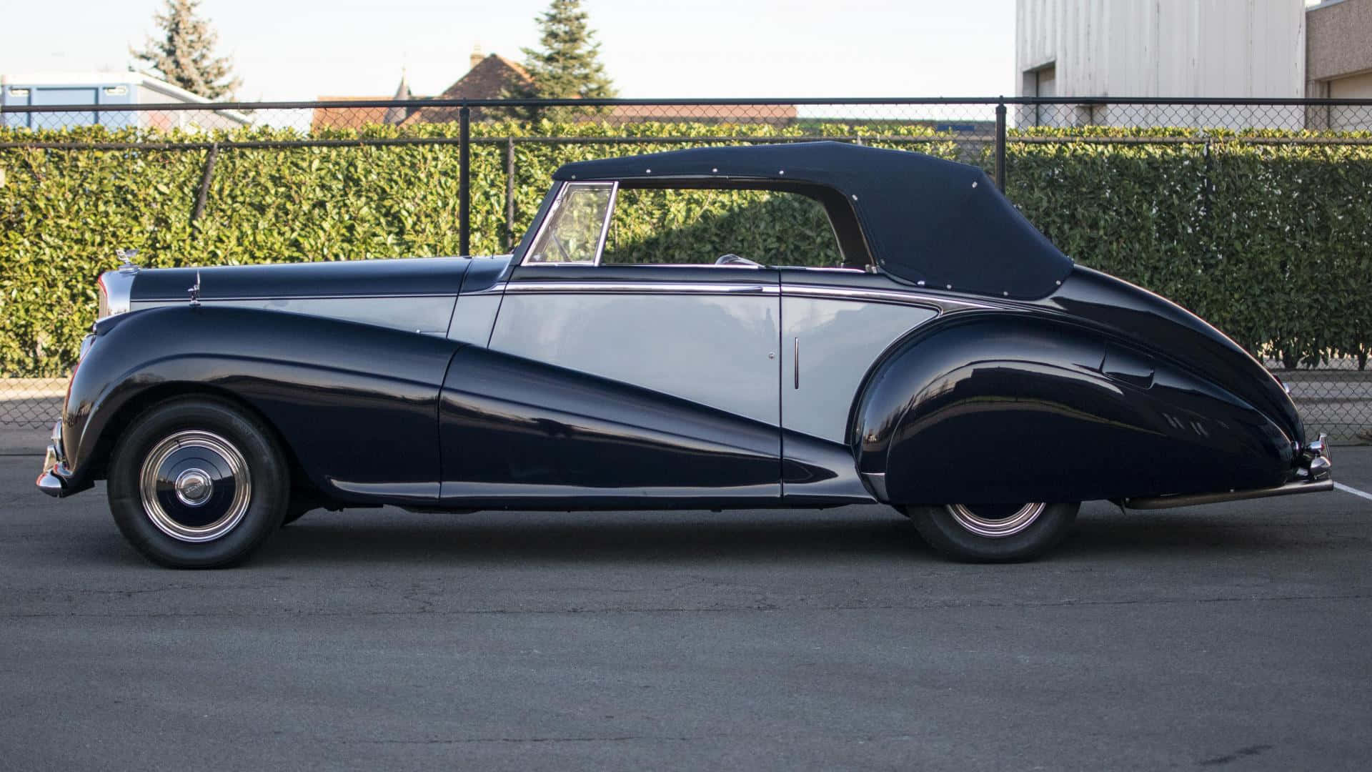 Bentley Mark Vi 桌布 壁紙 — 一輛時尚的復古雙色敞篷車，帶黑色軟頂，停在柏油路面上，旁邊是綠色樹籬柵欄。
