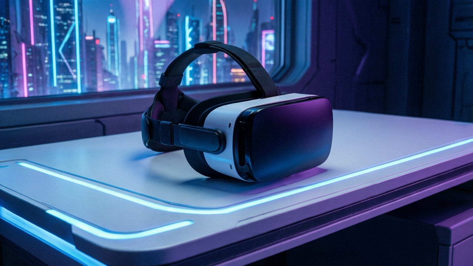 Virtual Reality Portal 壁紙 — 一個時尚的VR頭戴式裝置放在一張發光的未來風格桌子上，背景是霓虹燈照亮的賽博龐克城市景觀窗戶。