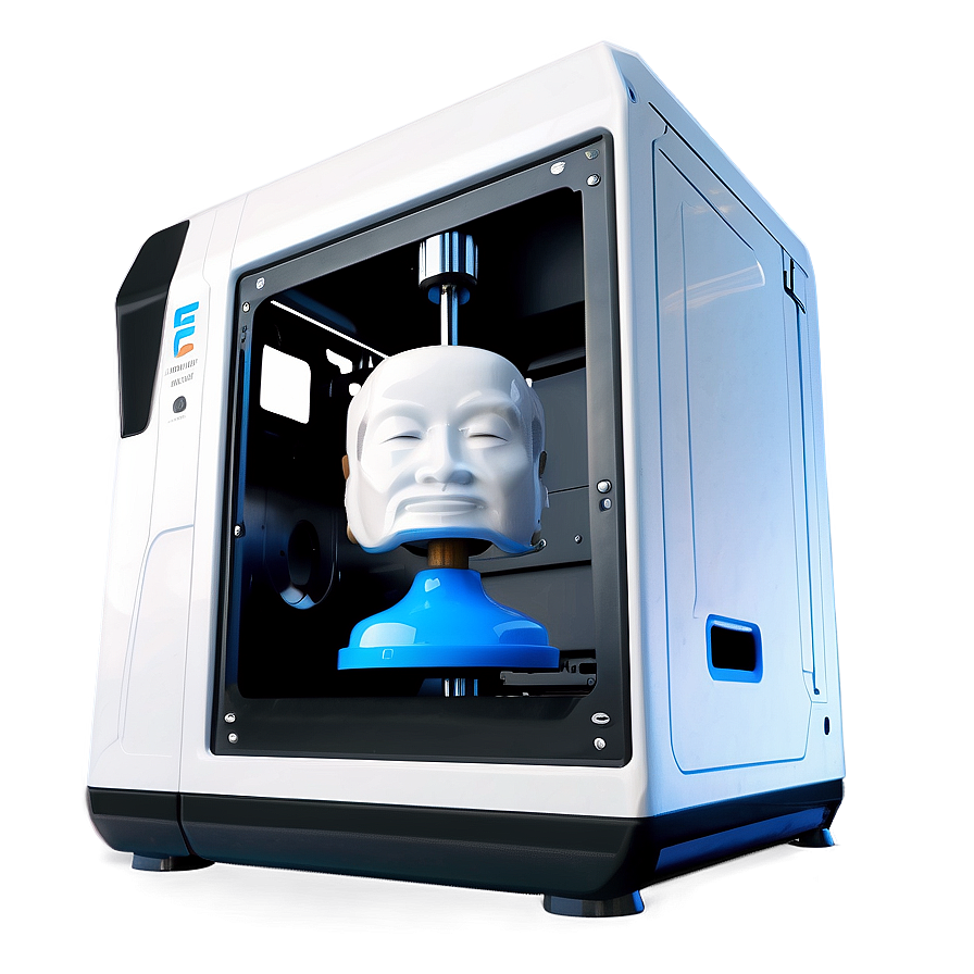 一部3D列印機在藍色底座上製造白色人頭模型。 — 3D 壁紙
