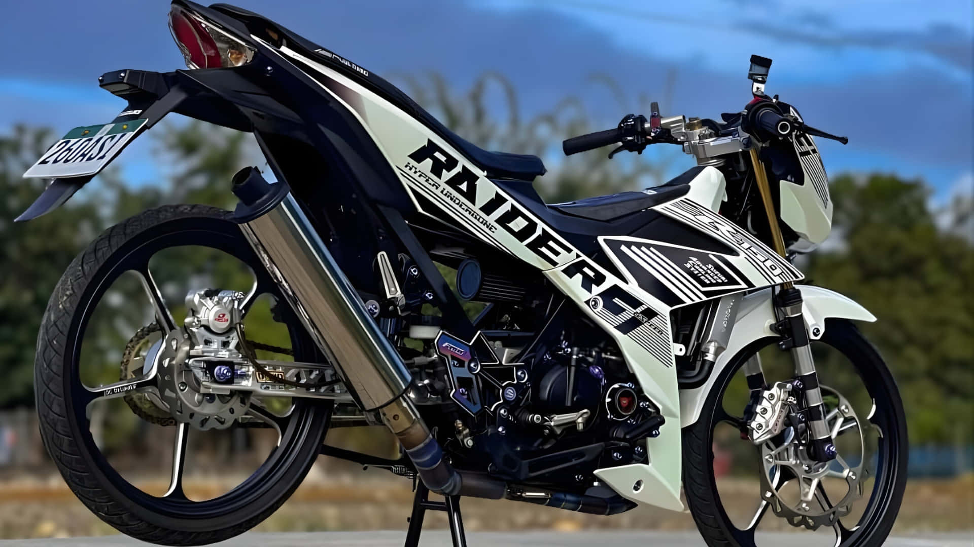  壁紙 — 一架時尚的白色和黑色 Raider 摩托車，帶有鍍鉻排氣管，放在支架上，背景是模糊的戶外景色。