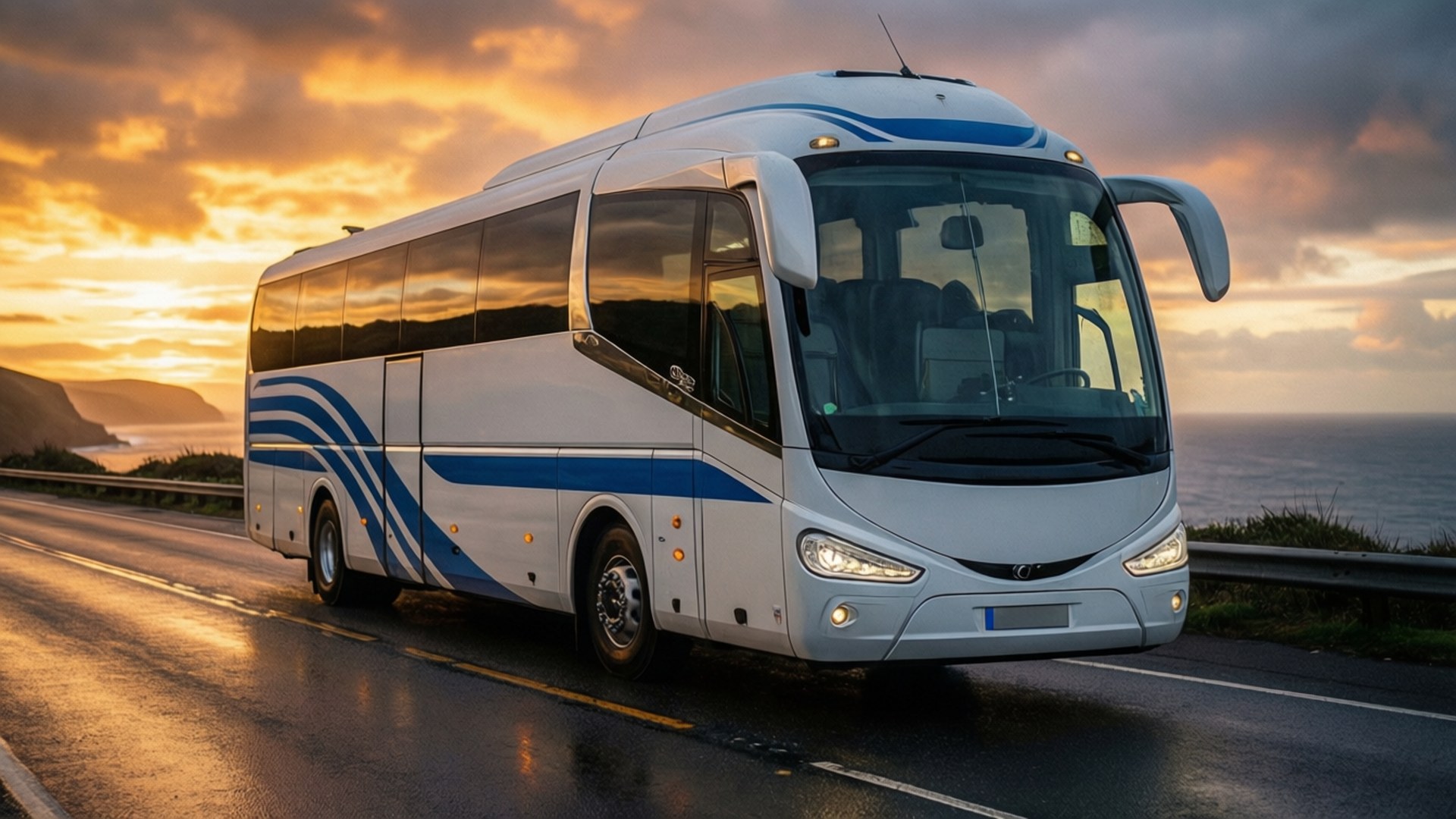 Irizar 桌布 壁紙 — 一架時尚的白色和藍色旅遊巴士在日落時分沿著海岸道路行駛，伴隨著金色的雲彩和海洋景觀。