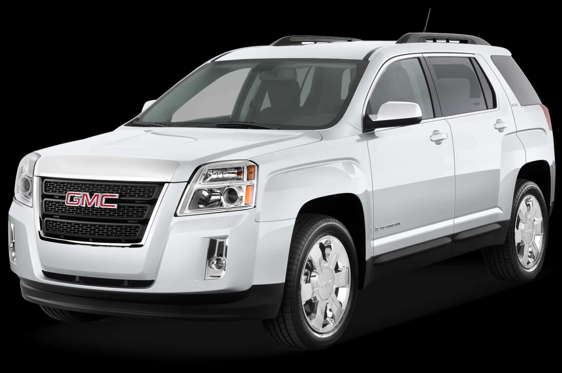 Gmc Terrain 桌布 壁紙 — 一輛時尚的白色GMC Acadia SUV在黑色背景前展示，工作室燈光突顯其鍍鉻裝飾和現代設計。