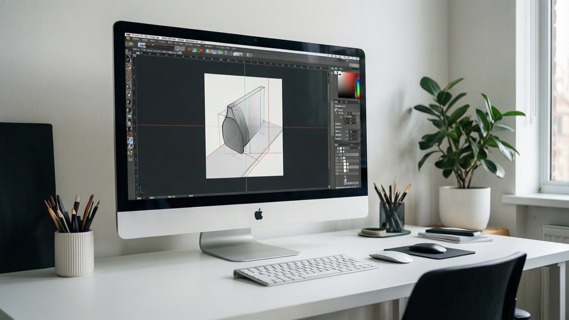Minimal iMac Setup 壁紙 — 一台時尚的白色 iMac 在一個乾淨簡約的工作空間中展示 3D 產品設計，配有盆栽植物和自然光。