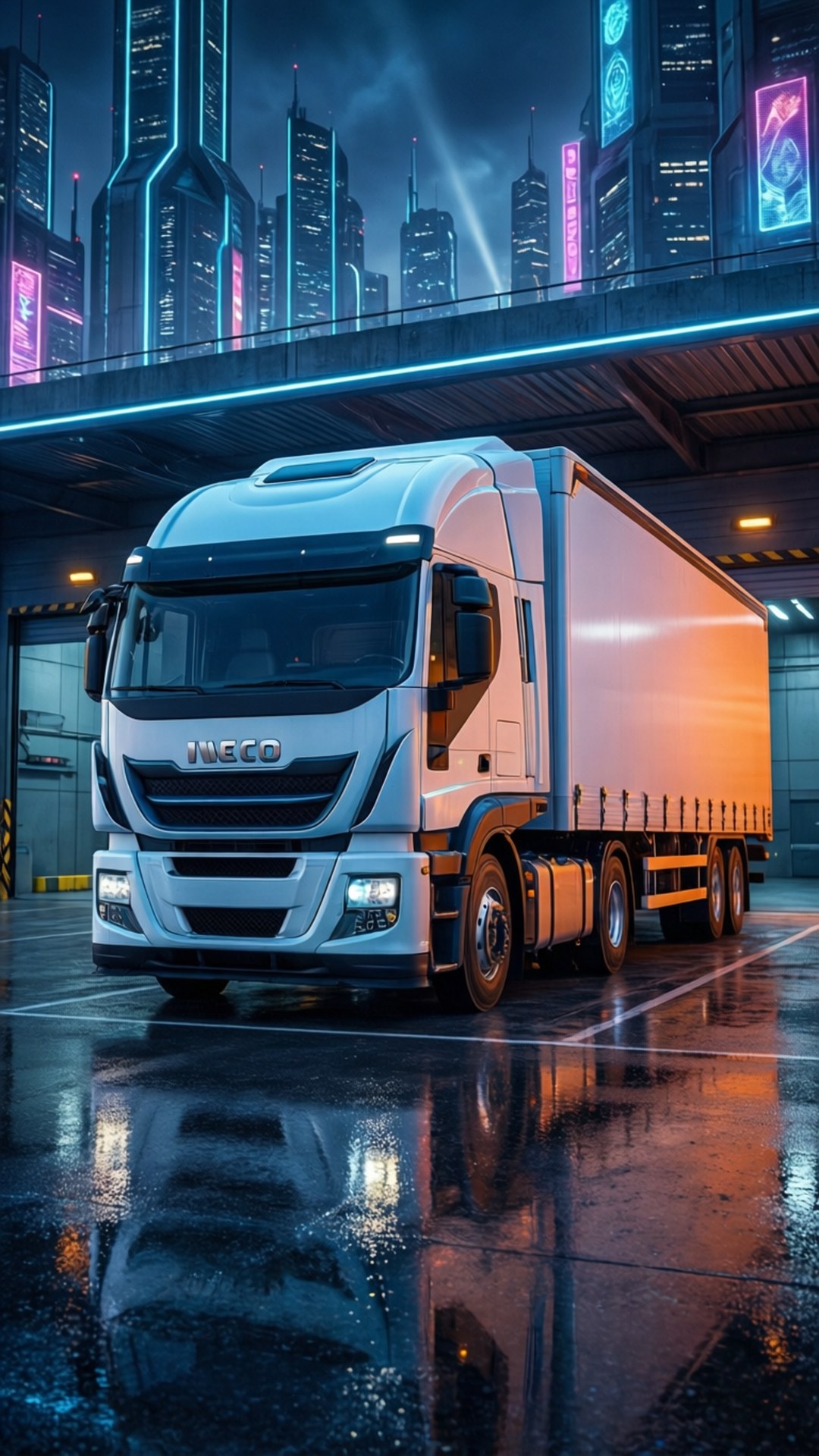 Iveco 桌布 壁紙 — 一輛時尚的白色Iveco卡車停泊在濕滑反光的街道上，夜晚閃爍的霓虹城市摩天大樓下。