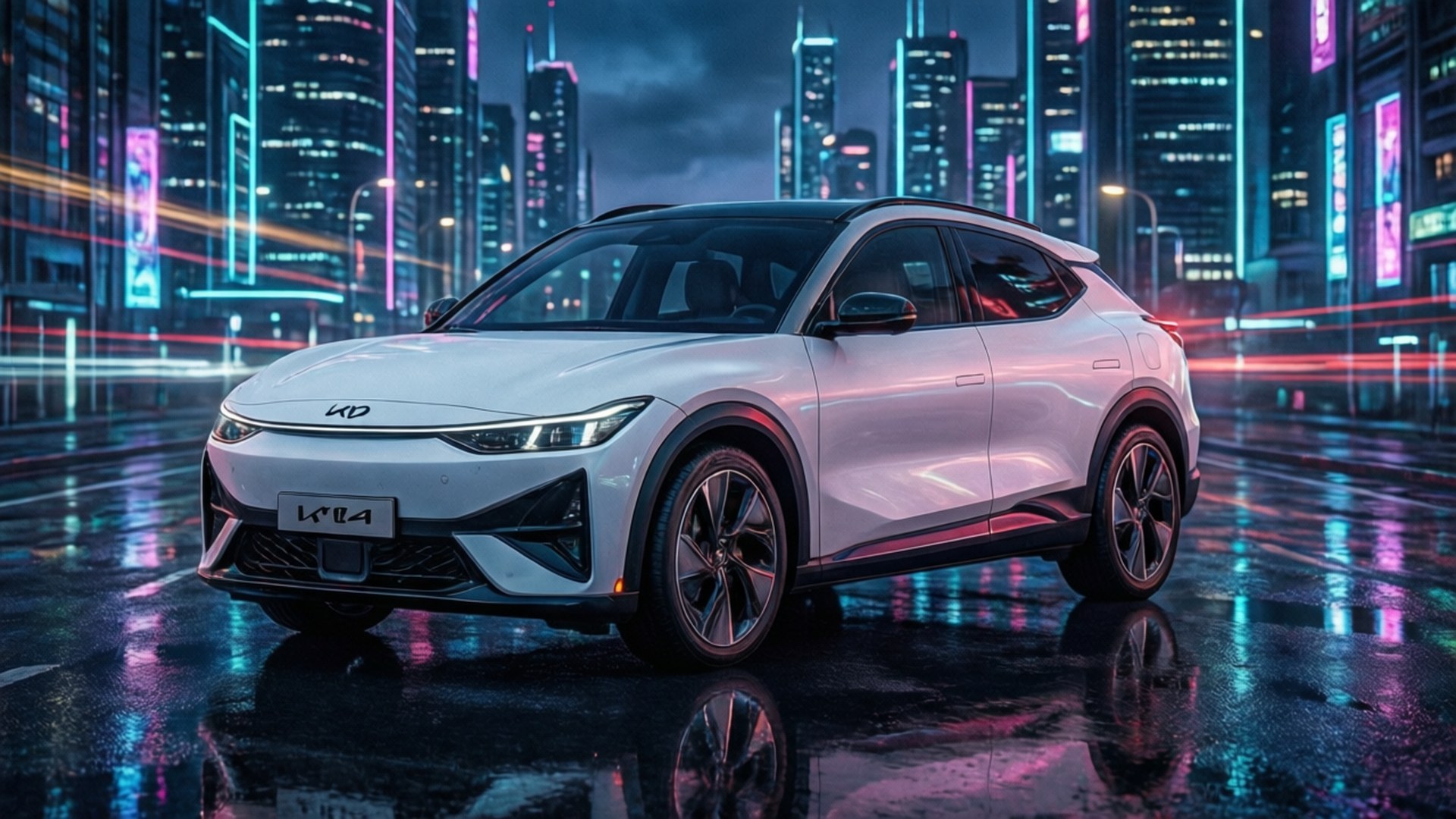 Neon EV6 Night 壁紙 — 一輛時尚的白色Kia EV6 SUV在夜晚濕漉漉的霓虹燈城市街道上閃耀，鮮豔的光線條紋反射在路面上。