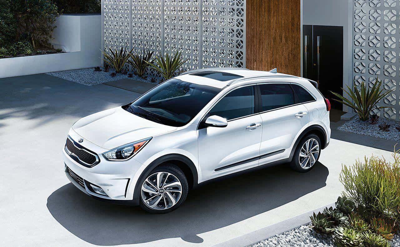 Kia Niro 桌布 壁紙 — 一輛時尚的白色Kia SUV停放在現代混凝土車道上，旁邊是幾何圖案牆壁和沙漠多肉植物。