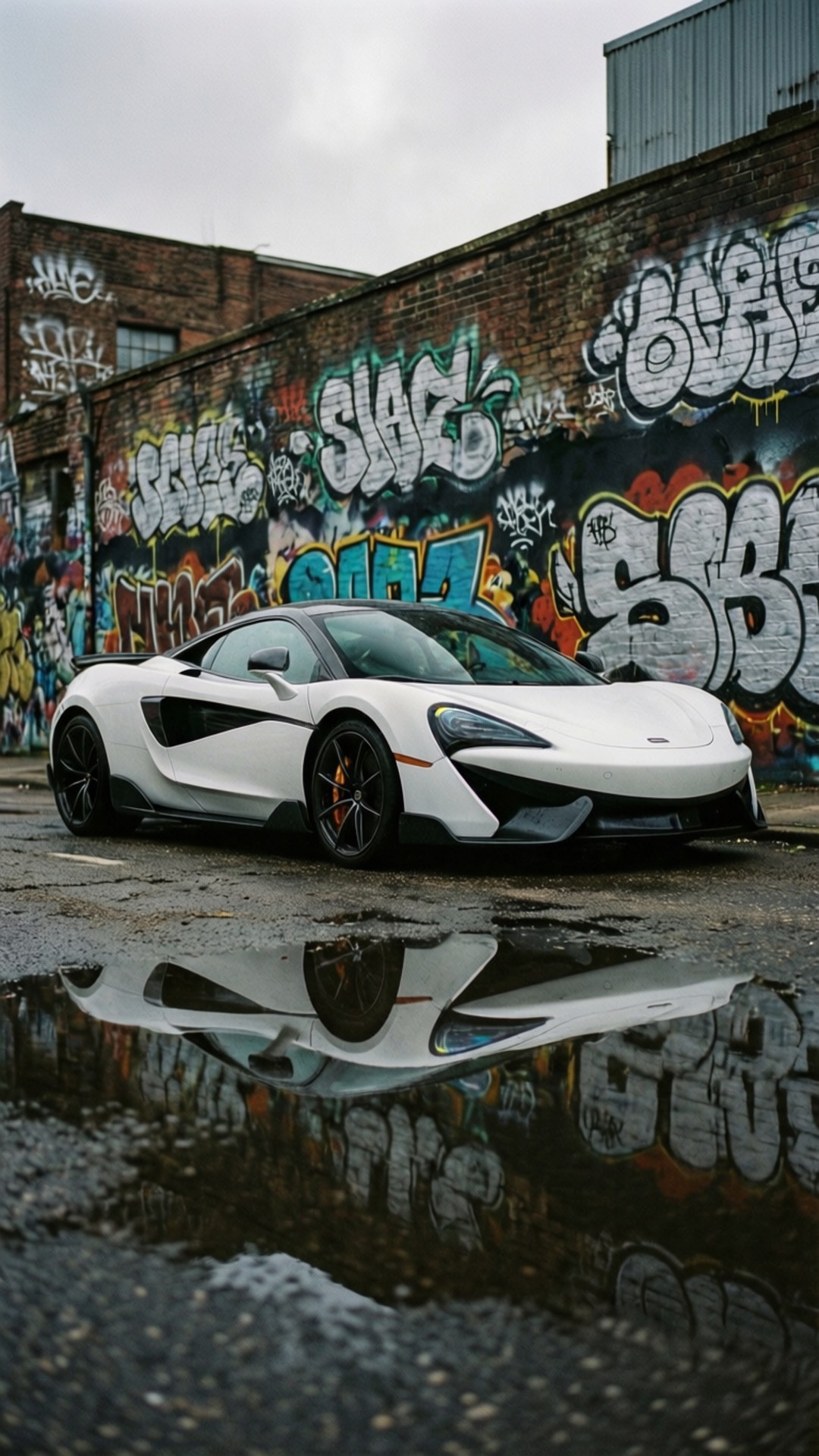 Mclaren 600lt 桌布 壁紙 — 一架時尚的白色McLaren跑車在陰天背景下，倒映在一個水坑中，旁邊是充滿活力的塗鴉磚牆。