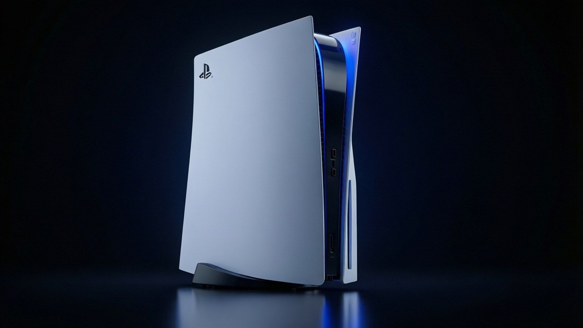 Neon PS5 Console 壁紙 — 一台時尚的白色PlayStation 5主機直立於反光表面上，背景為深藍色，側邊帶有發光的藍色點綴。