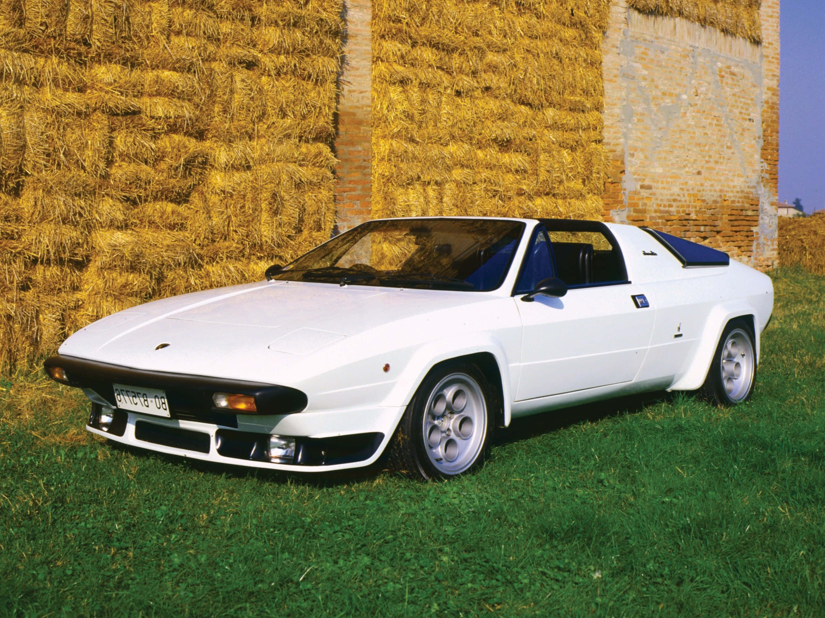 Lamborghini Silhouette 桌布 壁紙 — 一輛時尚的白色跑車停在綠色草地上，旁邊是一堵金色乾草捆牆，上方是清澈的藍天。