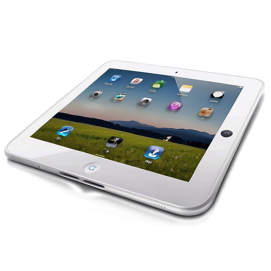 白色平板電腦顯示日落時的草地和應用程式圖標。 — iPad 壁紙