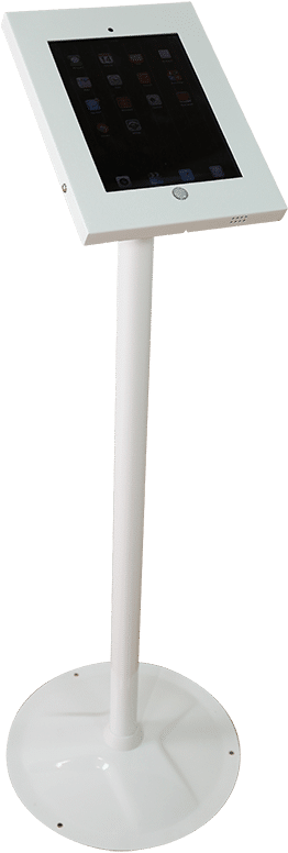 帶有圓形底座的白色平板電腦支架，以及顯示應用程式圖標的平板電腦。 — iPad 壁紙