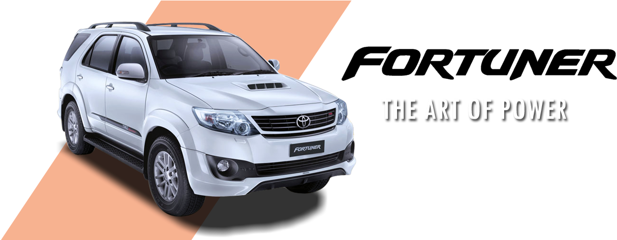 白色豐田 Fortuner SUV，橙色和黑色背景，帶有促銷文字。 — Toyota Supra 壁紙