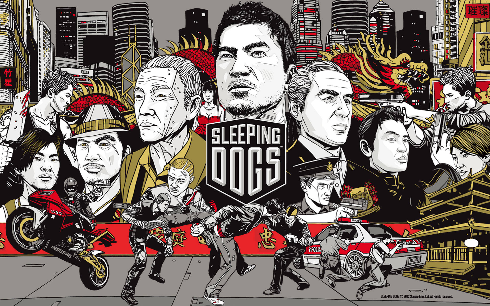 Sleeping 桌布 壁紙 — 《Sleeping Dogs》的風格化漫畫海報，展示多樣角色在混亂的香港街頭場景中，有警車和摩托車。