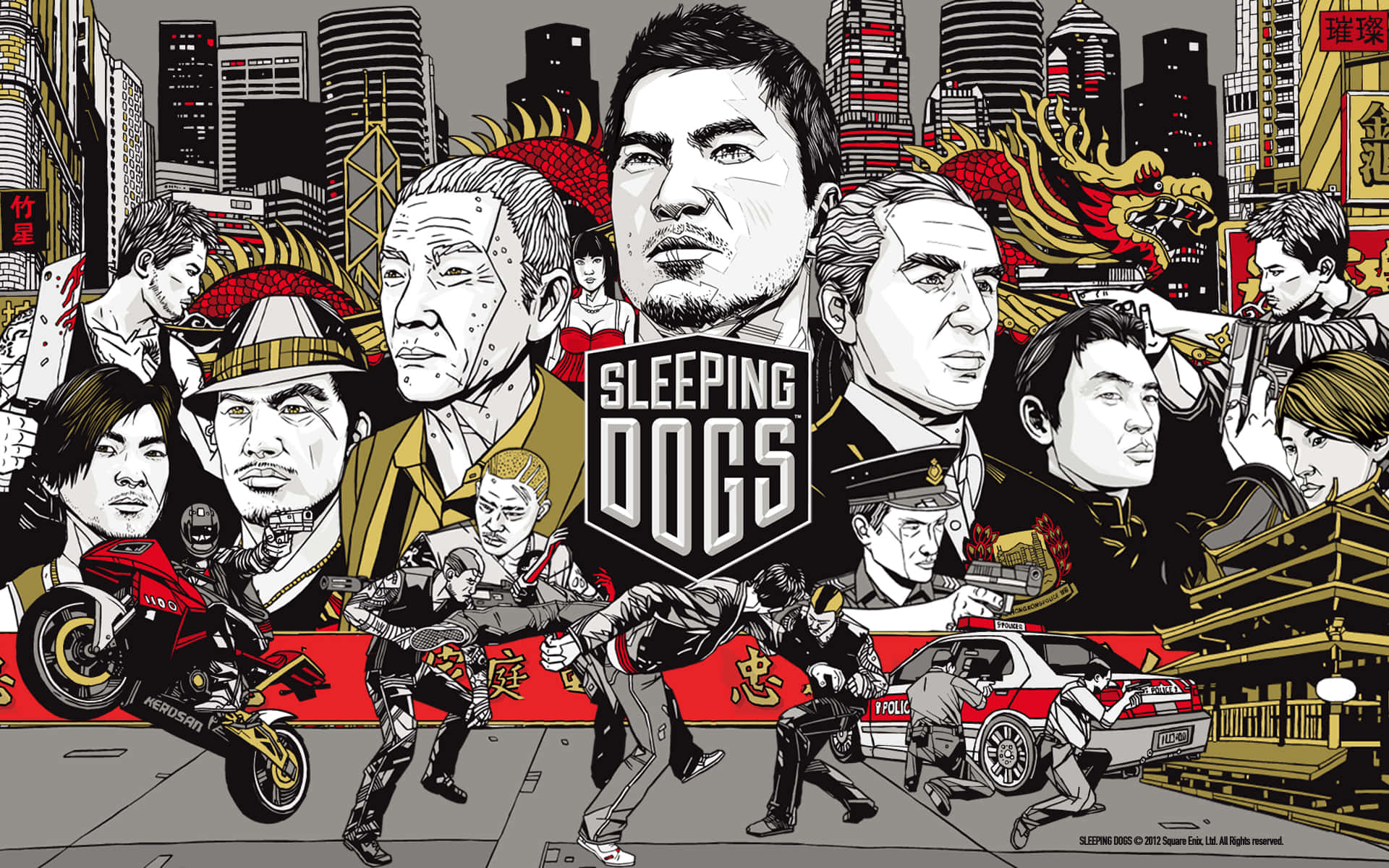 睡狗 桌布 壁紙 — 《Sleeping Dogs》的風格化漫畫海報，描繪了多元角色在混亂的香港街頭場景中，包括警車和摩托車。