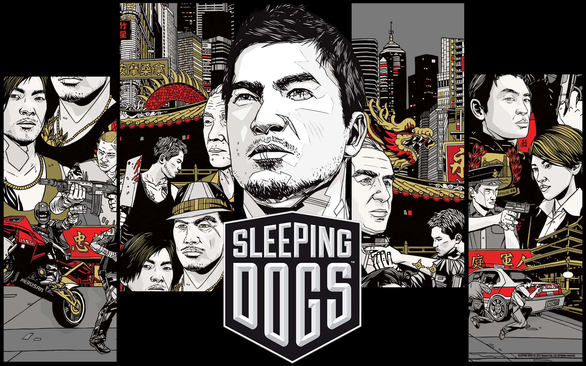 桌布 壁紙 — 《Sleeping Dogs》的風格化漫畫海報，中央男性主角被摩托車、警察追逐及亞洲城市景觀元素包圍的都市動作場景。