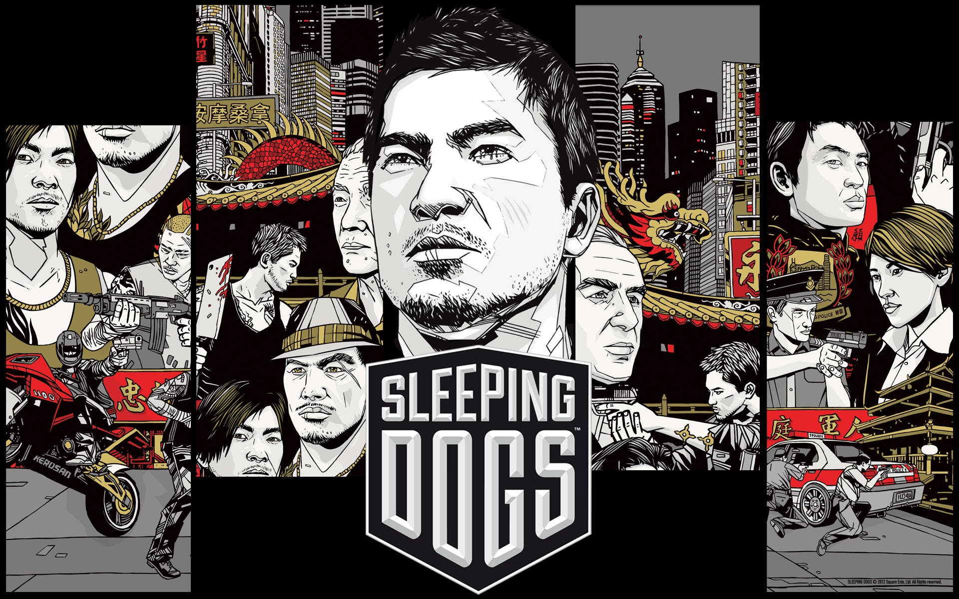 Sleeping 桌布 壁紙 — 《Sleeping Dogs》的風格化漫畫海報，中央是男性主角，周圍是帶有亞洲建築和車輛的城市動作場景。