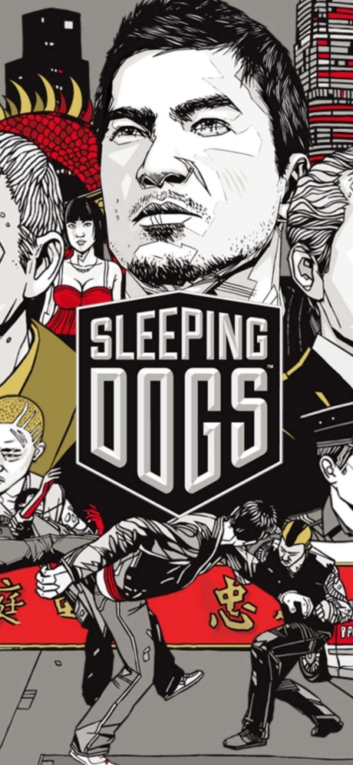 電玩遊戲 桌布 壁紙 — 《Sleeping Dogs》風格化漫畫海報，中央男性面孔被動作場景和城市角色包圍。