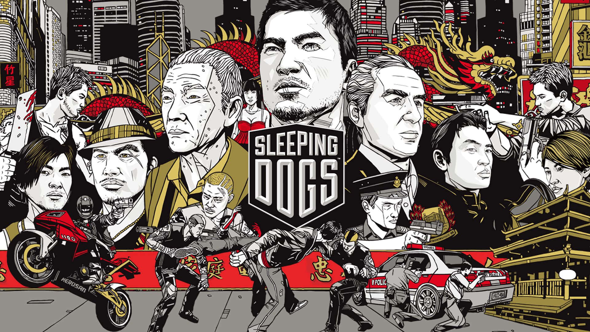 電玩遊戲 桌布 壁紙 — 《Sleeping Dogs》風格化漫畫海報，描繪多樣角色在混亂都市場景中，配有一輛紅色機車和警車。